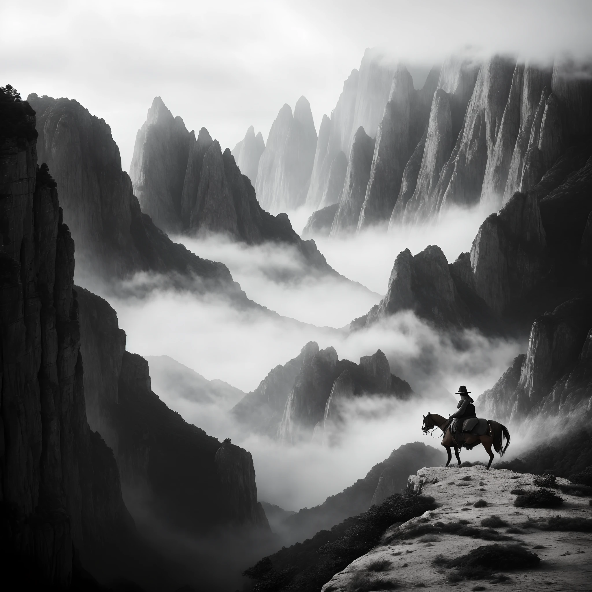 sheer cliffs,misty mountains,Prodigal son on horseback,Gray atmosphere,Mask filter,greys,Excellent shooting angle,Blurry grain
