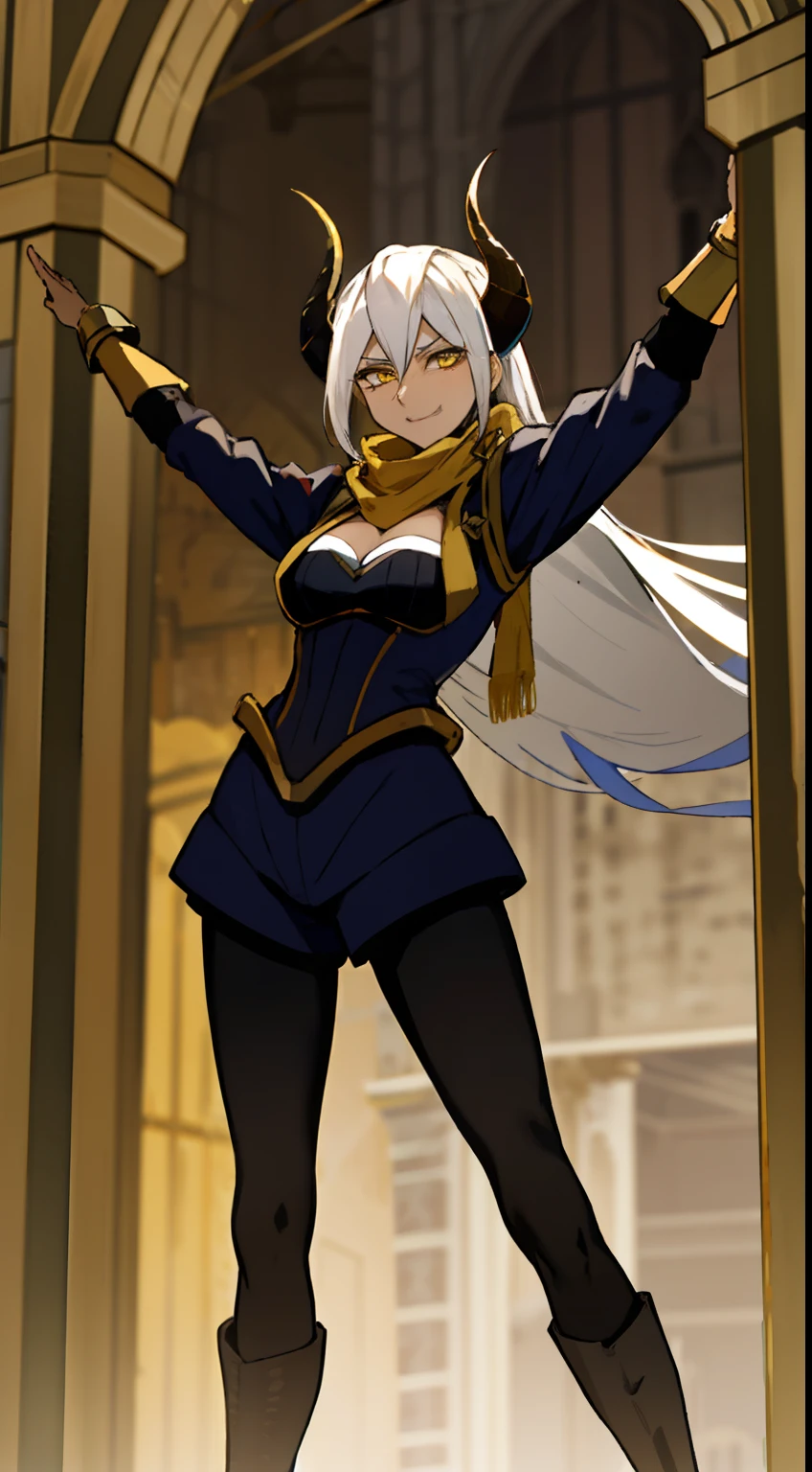 masterpiece, best quality,

Gloria Tyler, white hair, yellow eyes, smirk, long hair, large breasts, brown skin,horns

Hidden arms,,gold armor outfit, black small shirt,black pantyhose,yellow scarf,((inside of a castle))