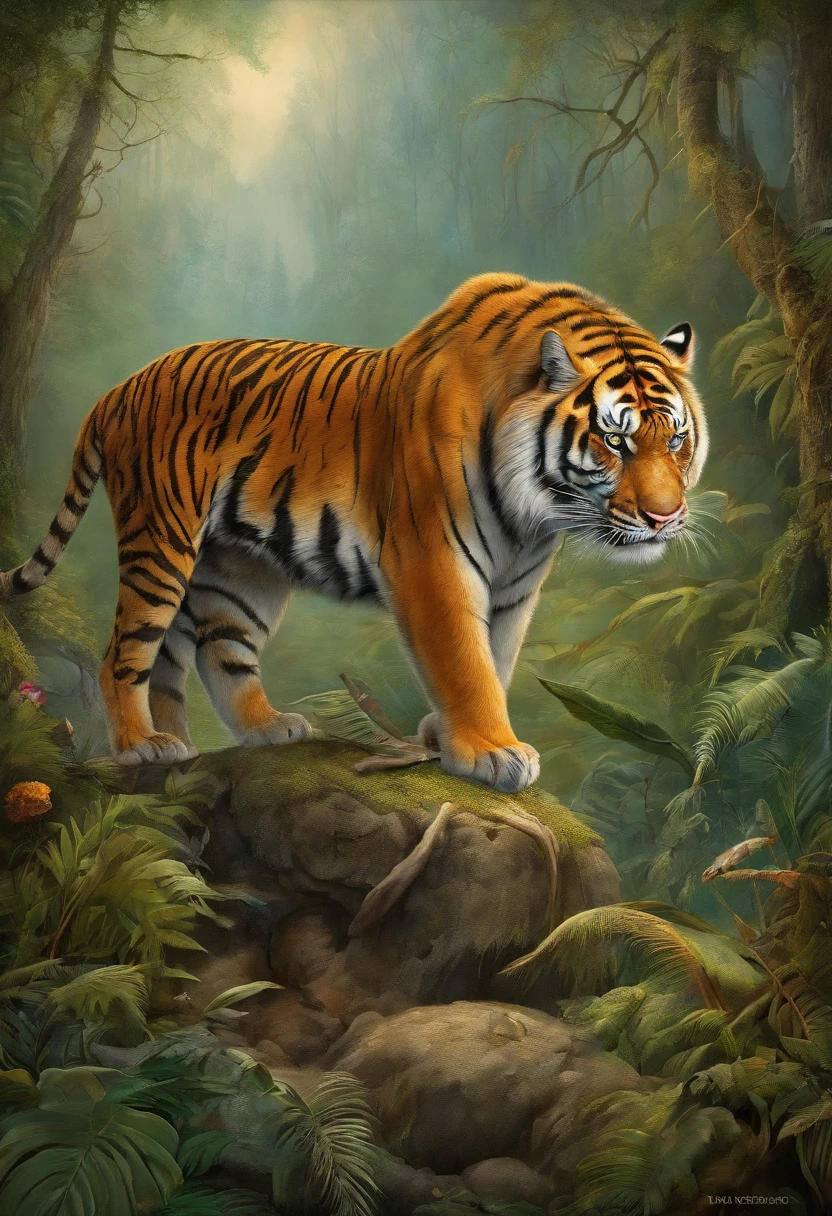 (best quality,4k,highres,masterpiece:1.2),ultra-detailed,(realistic,photorealistic,photo-realistic:1.37),HDR,UHD,studio lighting,ultra-fine painting,sharp focus,physically-based rendering,extreme detail description,professional,vivid colors,bokeh,cinematic,embroidered,evil tiger,fictional animal,equirectangular 360,king of the Planet earth,art by Michael Hutter,35mm photography,film,professional,highly detailed