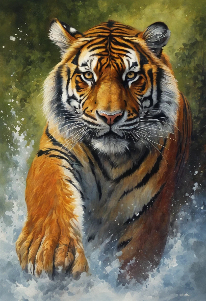 (best quality,4k,highres,masterpiece:1.2),ultra-detailed,(realistic,photorealistic,photo-realistic:1.37),HDR,UHD,studio lighting,ultra-fine painting,sharp focus,physically-based rendering,extreme detail description,professional,vivid colors,bokeh,cinematic,embroidered,evil tiger,fictional animal,equirectangular 360,king of the Planet earth,art by Michael Hutter,35mm photography,film,professional,highly detailed