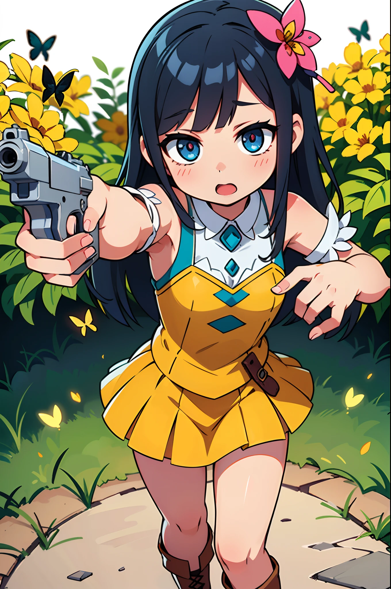 Octane Render、(Hyper-detailing: 1.15)、(Soft light、sharp: 1.2)、photoRealstic、Cute Fantasy Princess、Handgun shooting practice、Fine Pattern Pistol,long boots、ultradetailed eyes、Full Paint、(Floral hair ornament、butterfly hair ornament)、 masutepiece、Anatomically correct、blur、depth of fields