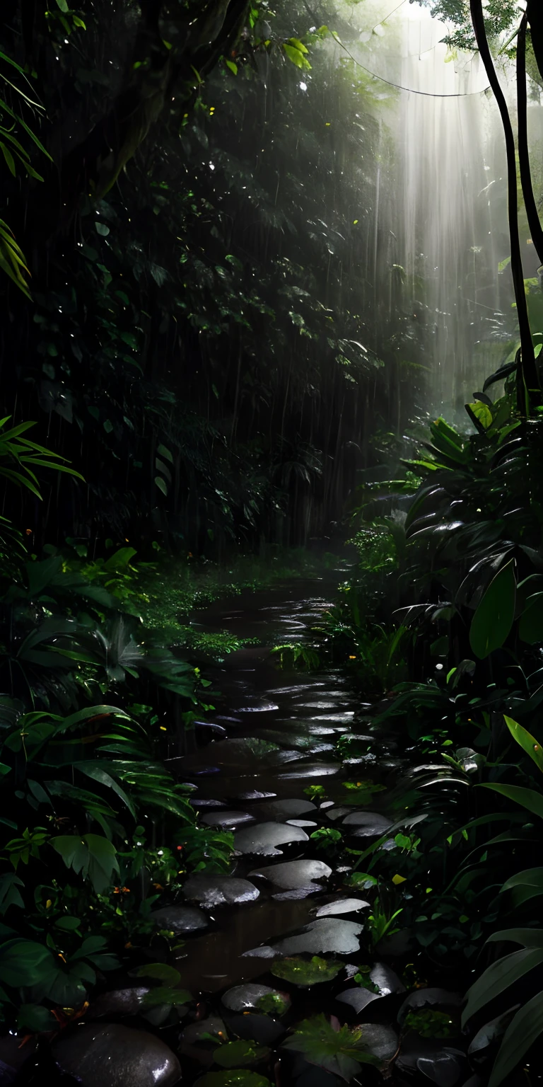 Jungle, heavy rainfall, monochrome, vines everywhere, huge and humid trees, masterpiece, best quality, high quality, very detailed CG unified 8k wallpaper, oil painting, award-winning photography, bokeh, depth of field, HDR, bloom, color difference, realism, very detailed, trends on artstation, trends on CGSociety, intricate, high detail, drama, midjourney art, volumetric lighting