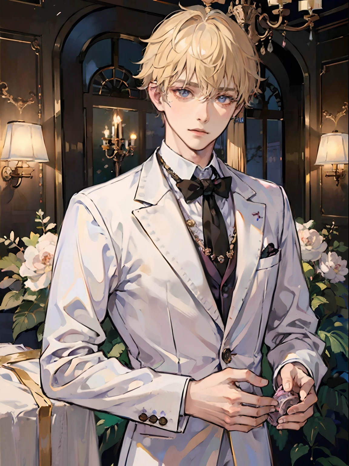 1boy,11 only、(Man's :2),(bobhair:1.5)、a blond、Naked tuxedo、Inside a luxurious Western-style building、Luxurious chandeliers、Vibrant lighting、hightquality、masutepiece,8K,hight resolution、