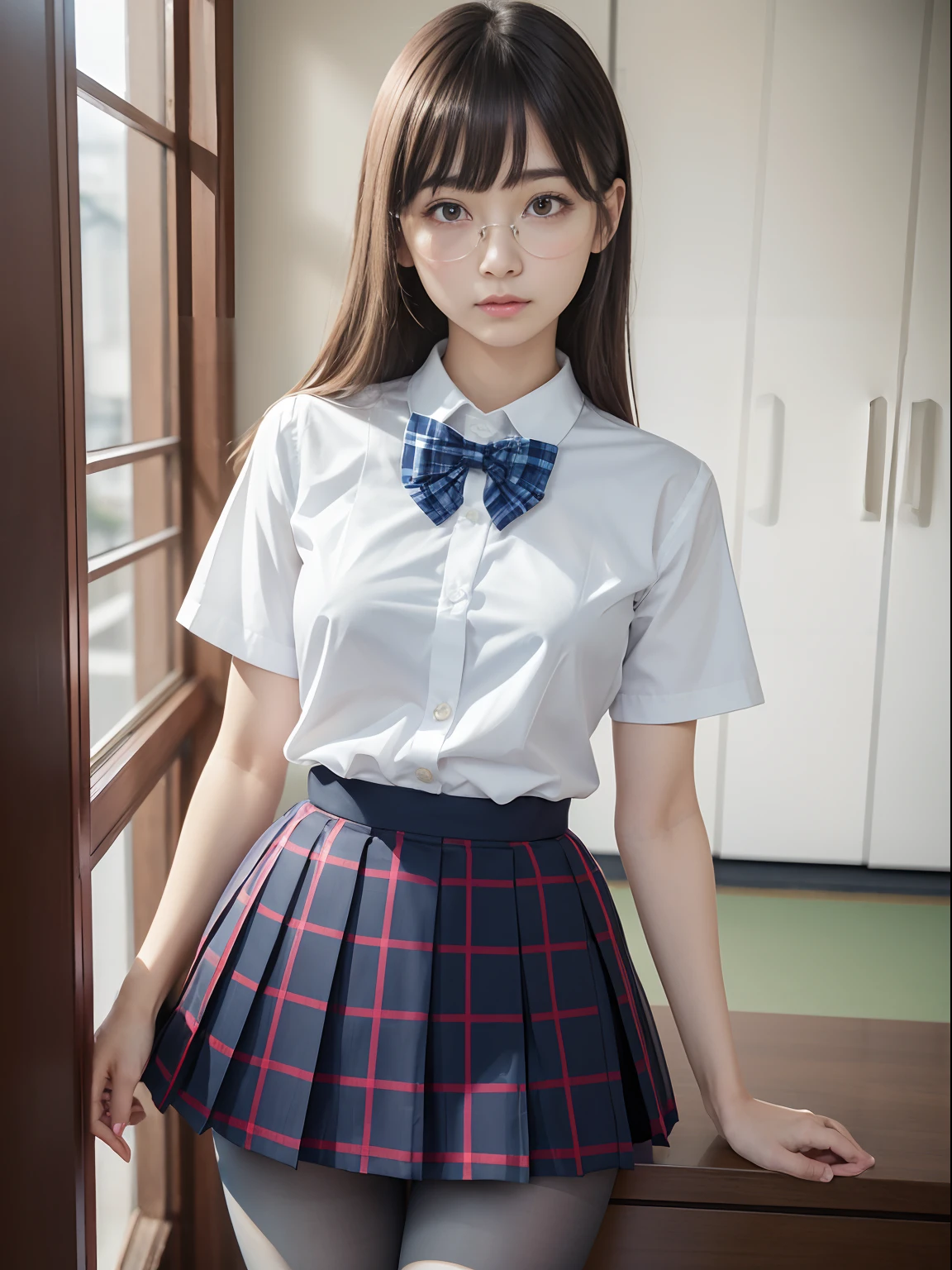 1 nogizaka girl, utterly cute, bishojo, 15yo, (white school uniform short sleeves), blue plaid pleated skirt, an exquisitely detailed and beautiful face and eyes and skin, detailed black shine hair, smile at the camera, cowboy shot, the way from school to home, professional lighting, BREAK, (realistic, photo-realistic:1.37), 8k, (masterpiece), (best quality:1.4), (ultra high res:1.2), (RAW photo:1.2), (ultra detailed beautiful cloth), perfect anatomy, 4fingers and 1thumbs, ultra detailed background, (unity 8k wallpaper)