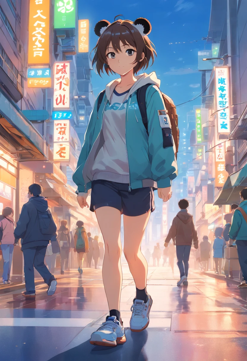 ((foto crua)), ((obra-prima)), Anthropomorphic humanoid panda wearing street clothes, andando entre as pessoas, detalhe intrincado, intricate Greebles pieces, city behind, sneaker, corpo musculoso, muscular arms, small head, Ogro monstruoso, Titan, soft-lighting, Hiper realista