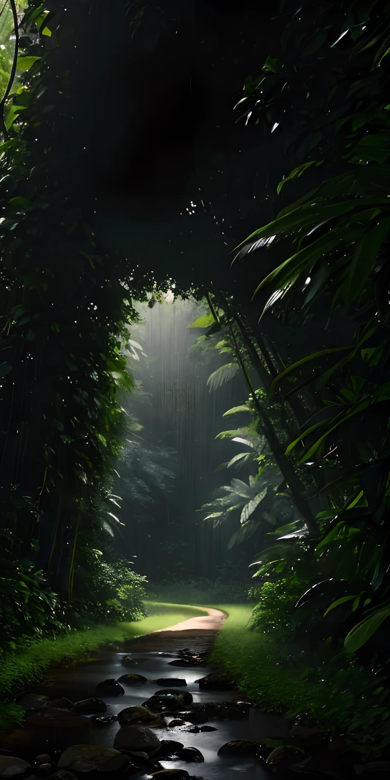 Jungle, heavy rainfall, monochrome, vines everywhere, huge and humid trees, masterpiece, best quality, high quality, very detailed CG unified 8k wallpaper, oil painting, award-winning photography, bokeh, depth of field, HDR, bloom, color difference, realism, very detailed, trends on artstation, trends on CGSociety, intricate, high detail, drama, midjourney art, volumetric lighting