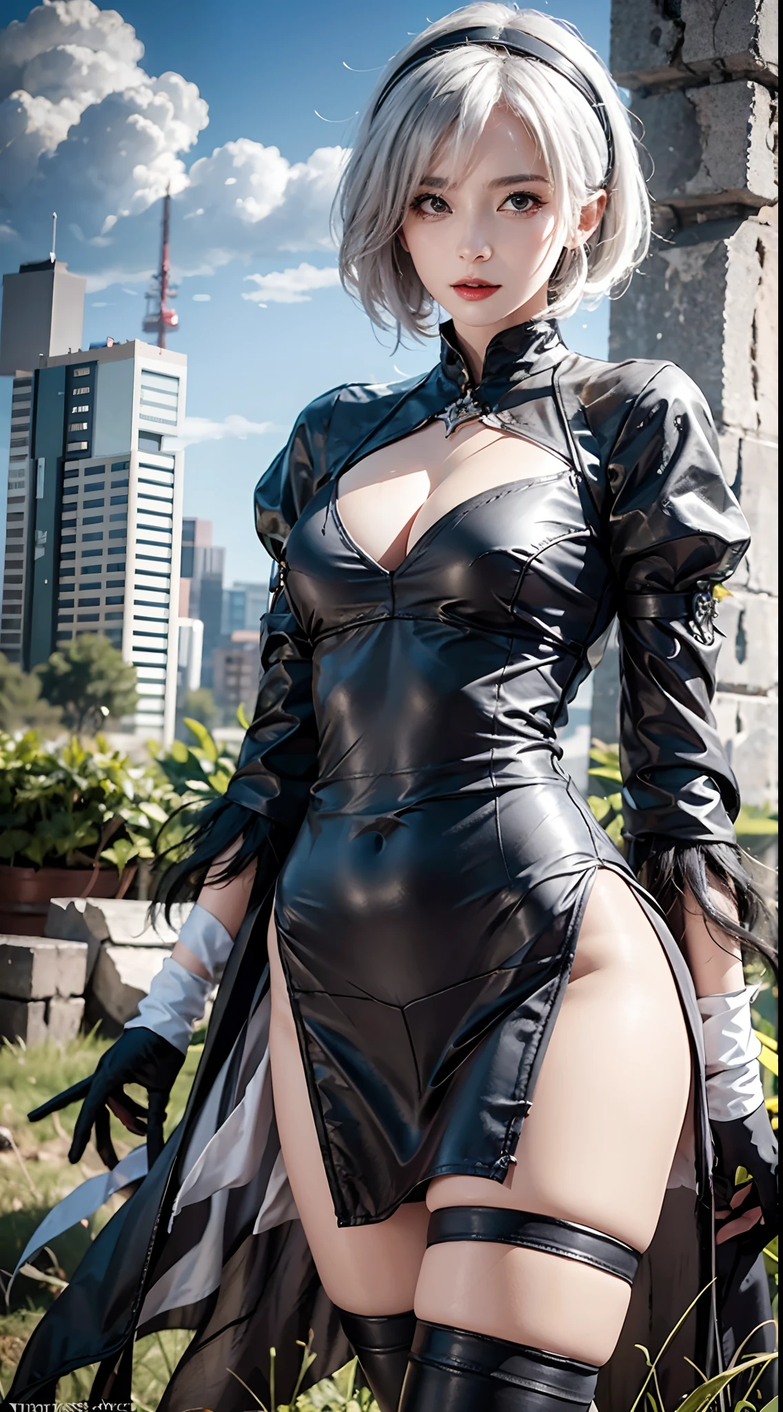 photorealistic, masterpiece, photorealistic, high resolution, soft light, hips up, yorha no. 2 type b, 1girl, black dress, black hairband, blue sky, building, city, cloud, covered eyes, debris, dress, feather-trimmed sleeves, feather trim, gloves, grass, hairband, juliet sleeves, leather, long sleeves, nier \(series\), nier automata, post-apocalypse, puffy sleeves, rubble, ruins, scenery, sky, thighhighs, thighhighs under boots