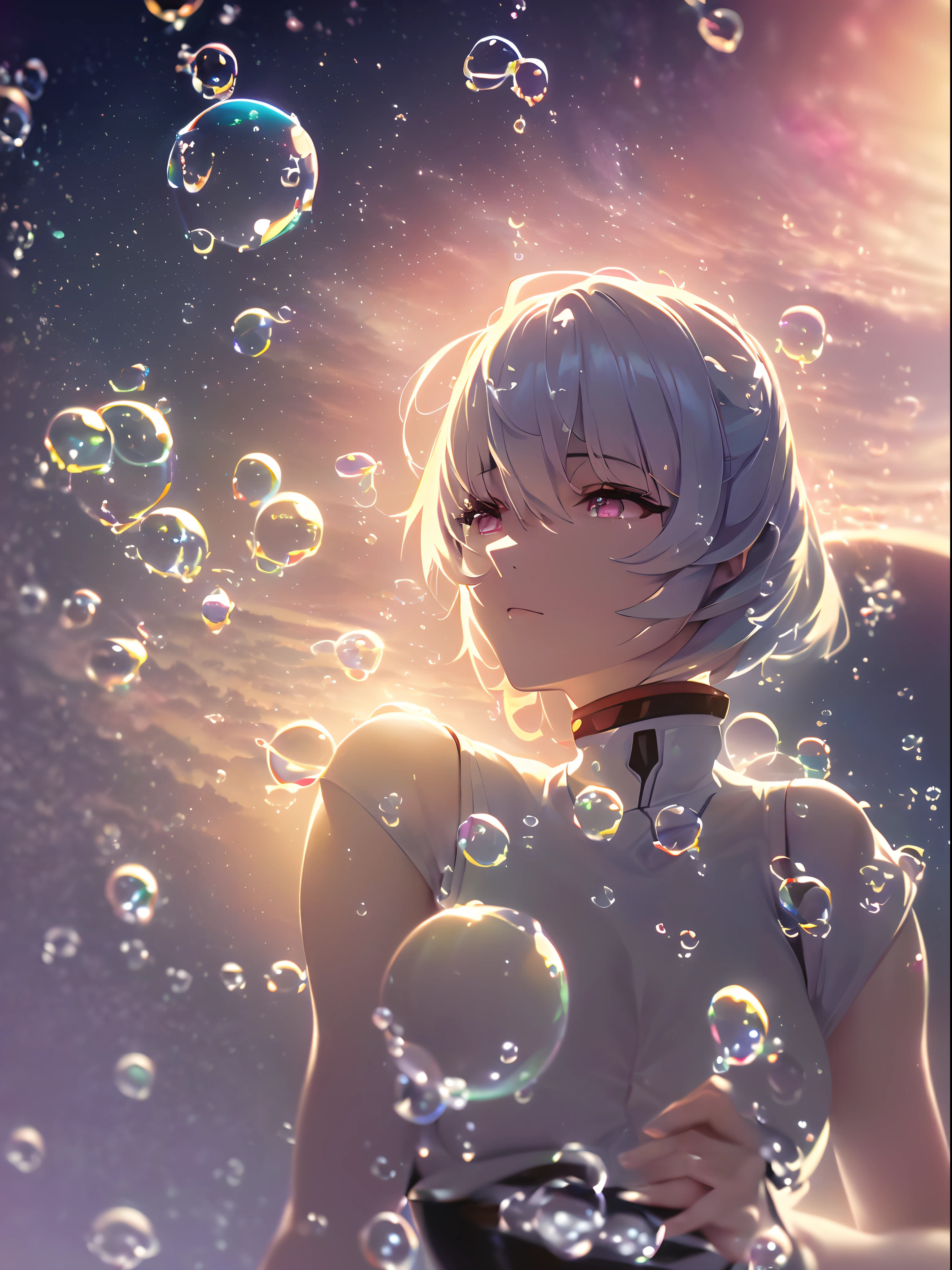 (((ayanami rei))),((((BREAK,Design an image with a fisheye lens effect, capturing a wide field of view with a distinctive, curved perspective.BREAK,)))((1girl:1.1,solo,))(masterpiece,best quality, official art,aim to viewers, beautiful and aesthetic:1.3),((ultra high res,golden ratio,)) (4k),((seen from above,sunset,in the ocean,raindrops)),((((shining bubbles,))))dynamic lighting, cinematic lighting,(fantasy,dreamy,photon mapping, cinema projection,radiosity, physically-based rendering,automatic white balance), technological sense,Amazing,sharp focus,detailed background,rich background, (((high detailed skin,)))dynamic lighting,intricate detailed outfit,glowing eyes,watery eyes,((short hair,))deadpan,skiny,slender,Small beast,white plugsuit,headgear,(masterpiece sidelighting),(bishoujo,lustrous),(sky blue hair,pink eyes,）[[delicate fingers and hands:0.55]::0.85],(detail fingers),(((Ultra Photographic Quality,ultra wide angles)))),((incredibly absurdres,photoreality)),(realilty:0.4),bust,((extremely_detailed_eyes_and_face)),(disheveled hair),FilmGirl,(dynamic configuration: 1.2),Brilliant,drifting Nebula,ethereal, glossy ,striking contrast,