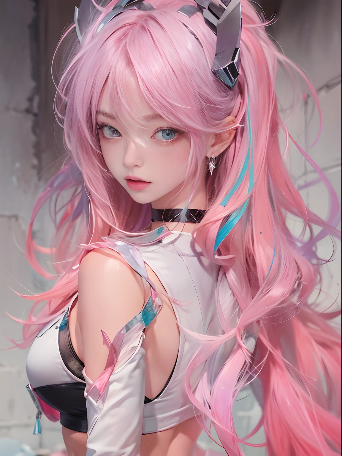 (Masterpiece, Best quality, 1girll, Solo, exquisitedetails, color difference), realisticlying, ((Medium breath)), long whitr hair, A pink-haired, red headgear, Pink highlighted, Hair above one eye, Purple eye, 耳Nipple Ring, Sharp eyes，choker necklace，Neon shirt，Open coat，Crop top，（symetrical eyes），（Perfectly symmetrical body），against a wall，brick walls，scribbles，dim murky lights，alleys，looking at viewert，blackstockings