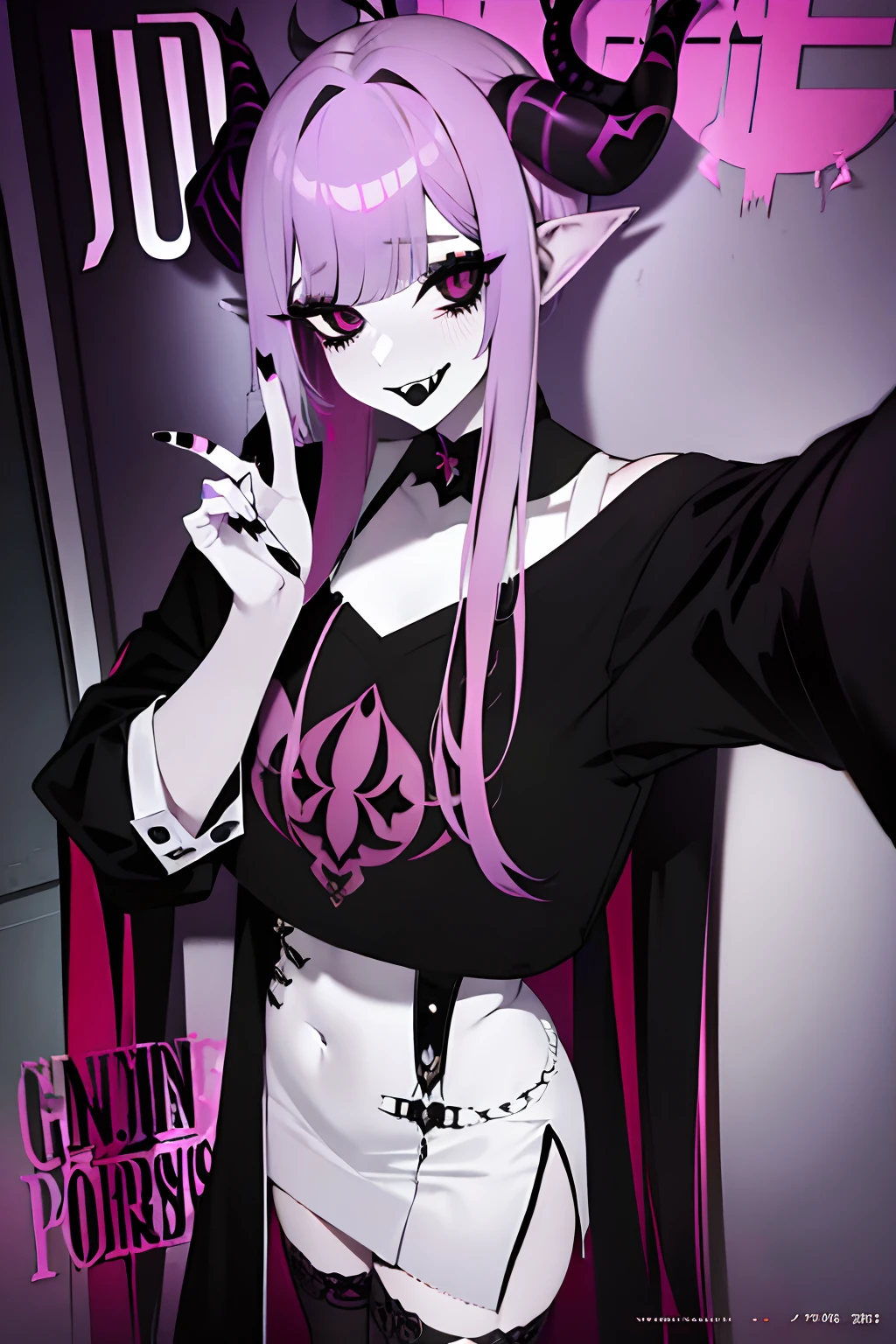a girl in her 20s with multicolored medium length hair and bangs, taking a selfie,her horns and pointly ears visible, wearing goth clothing, has a seductive look on her face,her long eyelashes inviting her next victim, magazine cover, genshin impact style clothing