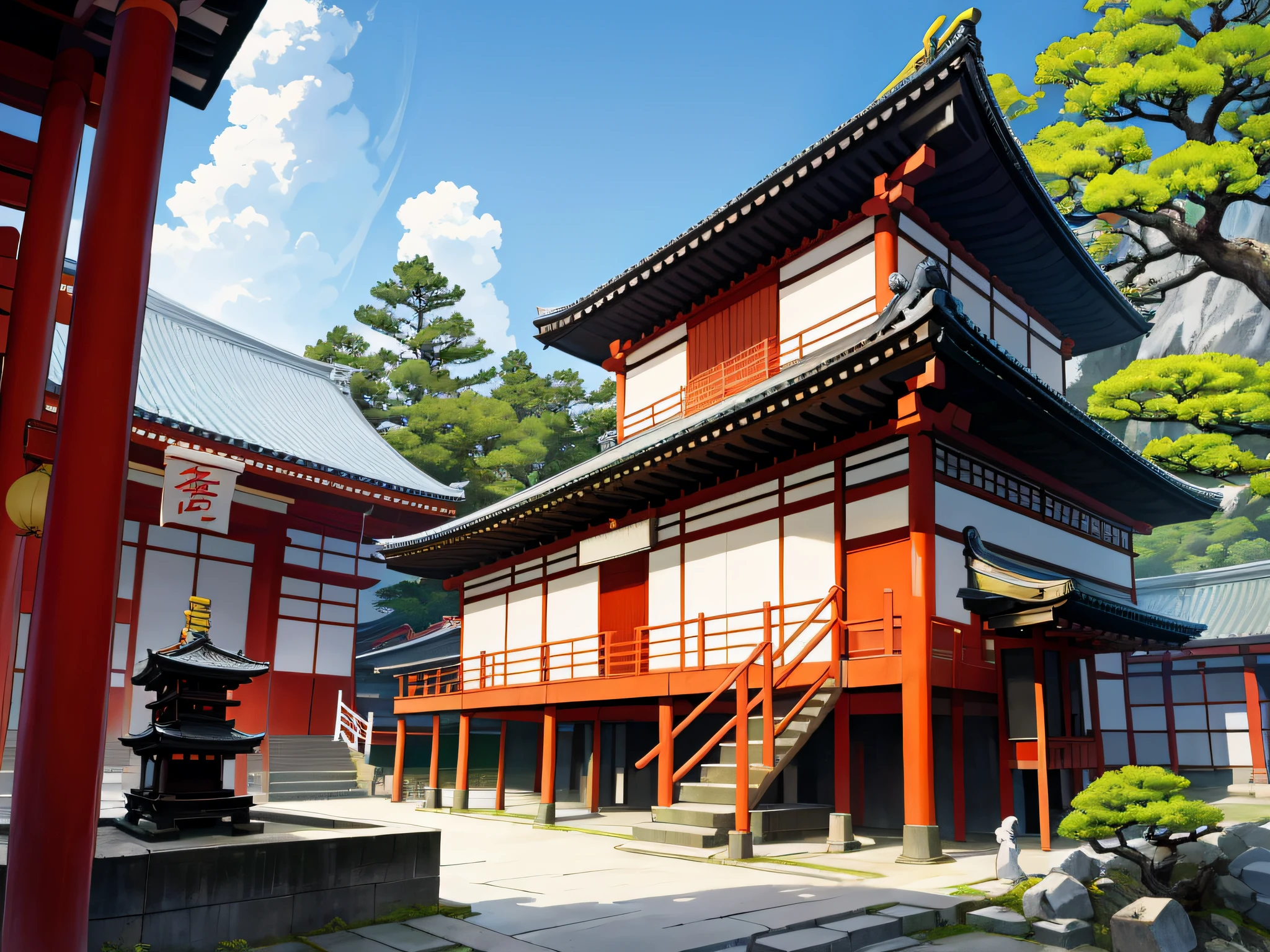 Close-up of a red and yellow building and the stairs leading to it, japanese temples, japanese temples, Shrine of Japan, kyoto inspired, ancient japanese architecture, japanese heritage, japanese architecture, inspired by Sesshū Tōyō, traditional japanese, kyoto, inspired by Itō Jakuchū, shrines, traditional japanese colors, temple