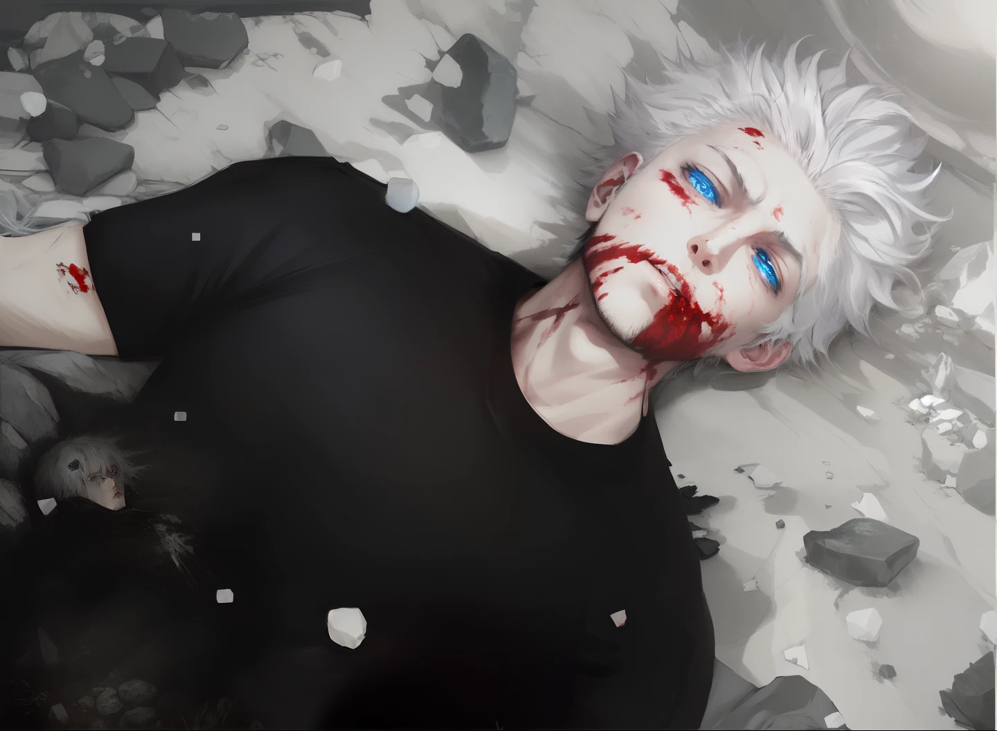 (ANIME ART STYLE),Man lying on ground, wearing black tshirt, white hair, blue eyes, blood in mouth and face, rock ground,