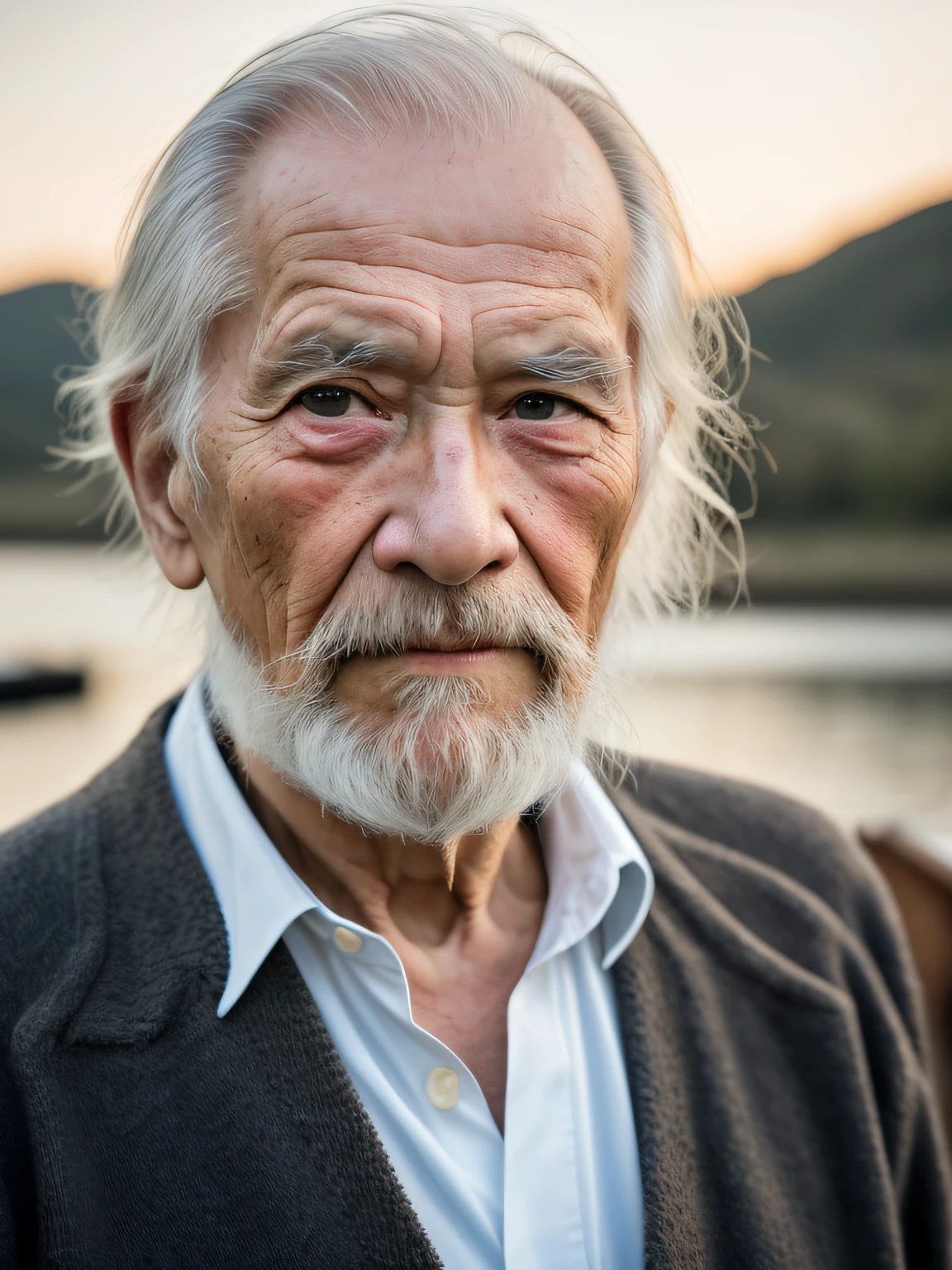 Hyper-Resolution, Ultra photo realsisim, hdr, cinema shot, Vignette, Portrait of an 80-year-old man,Look at the viewer,An elderly Chinese man,Spiritual old man,Single image,Thin and thin, Old blue eyes, Short white hair, Bookshelf background,White Viking beard, Narrow face,dark-skin, Wide shoulders, Weathered by sunlight and water, Gold pattern royal twin peaks, The Royal Chambers camera is focused on the eye, High focal length, Digital SLR, 200mm lens, photography of:Cristina Otero, Dark Studio, rim lit, twotonelighting, Dimly lit, low tune, Backlight,