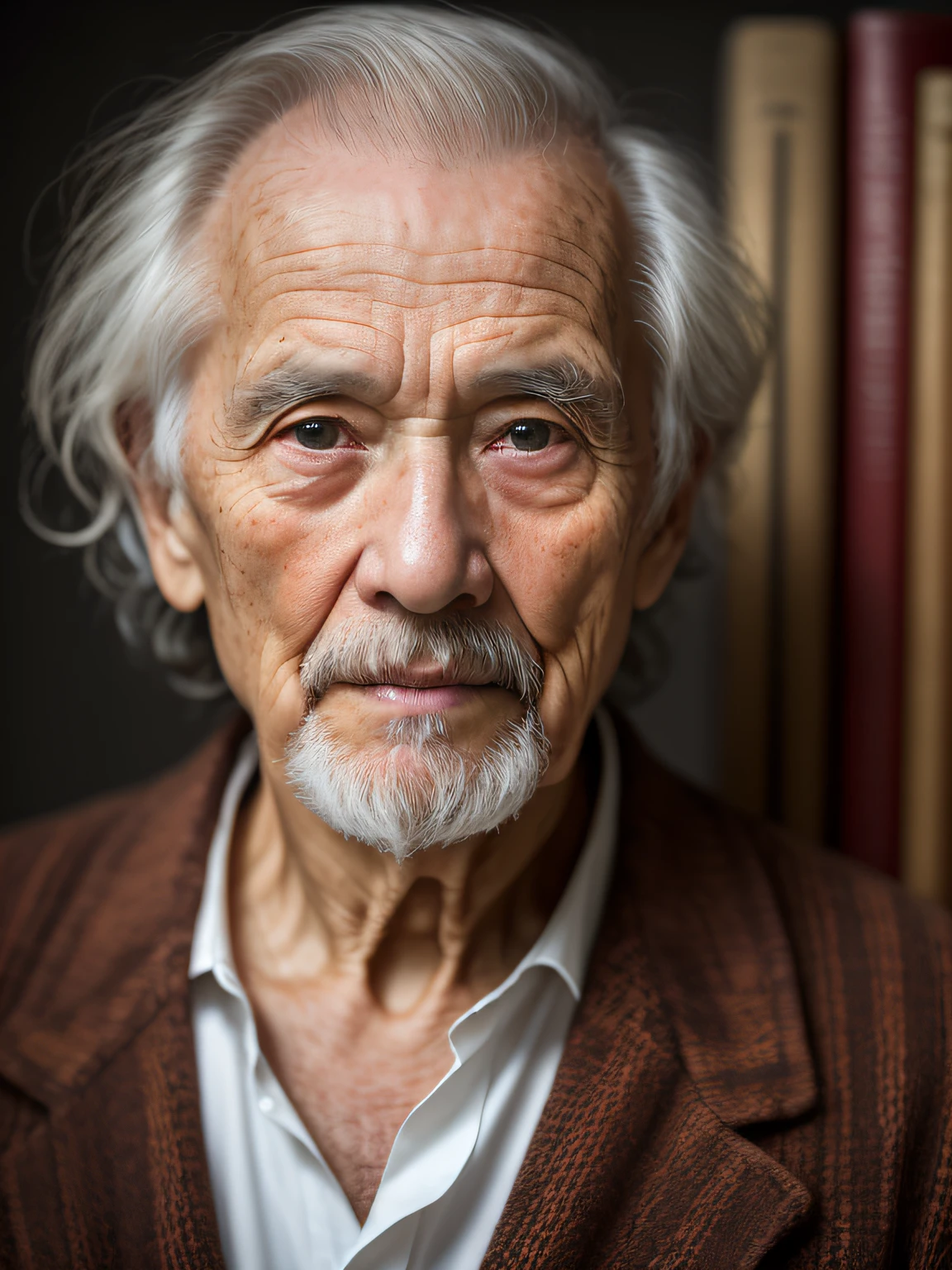 Hyper-Resolution, Ultra photo realsisim, hdr, cinema shot, Vignette, Portrait of an 80-year-old man,Look at the viewer,An elderly Chinese man,Spiritual old man,Single image,Thin and thin, Old blue eyes, Short white hair, Bookshelf background,White Viking beard, Narrow face,dark-skin, Wide shoulders, Weathered by sunlight and water, Gold pattern royal twin peaks, The Royal Chambers camera is focused on the eye, High focal length, Digital SLR, 200mm lens, photography of:Cristina Otero, Dark Studio, rim lit, twotonelighting, Dimly lit, low tune, Backlight,