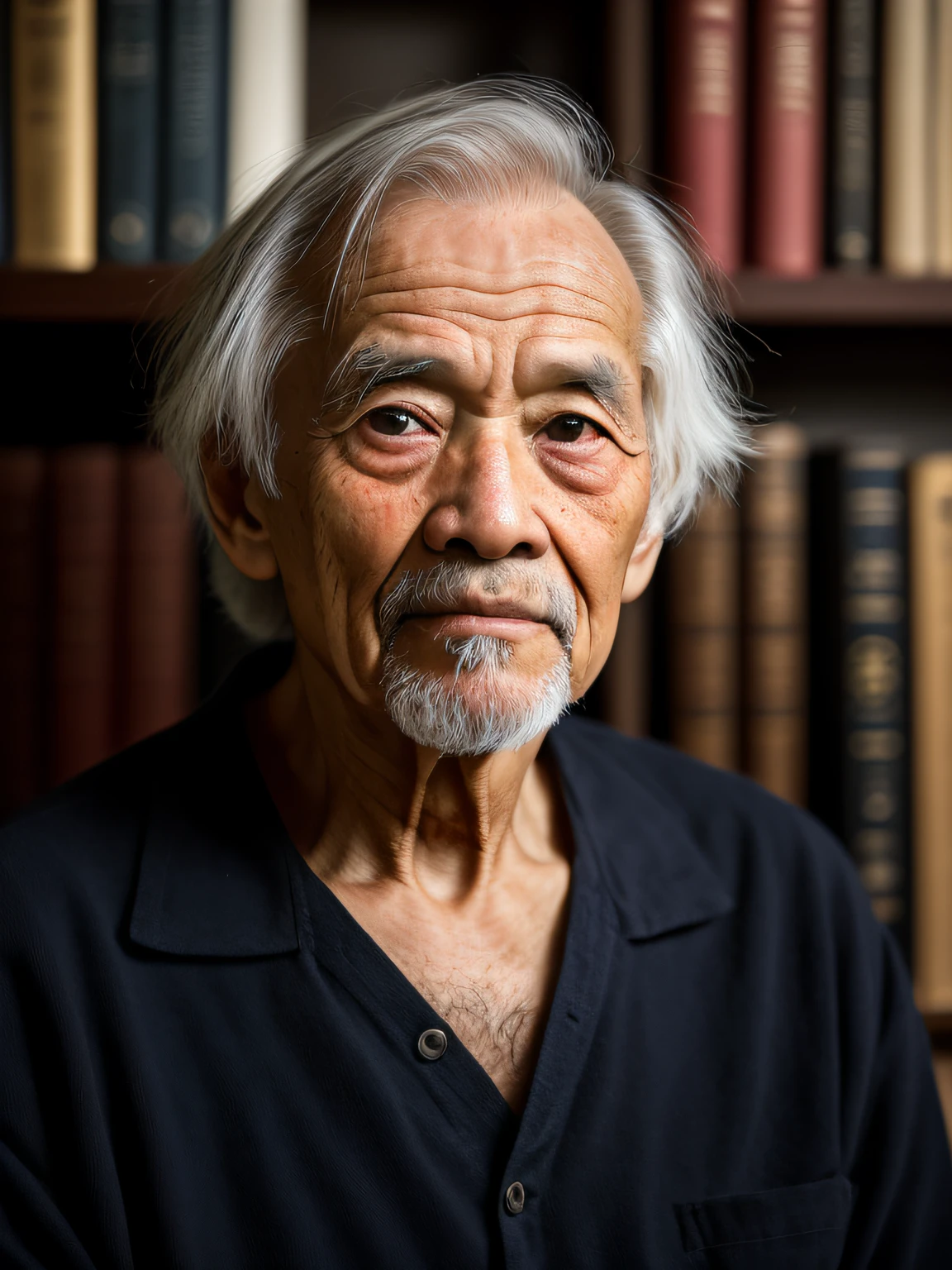Hyper-Resolution, Ultra photo realsisim, hdr, cinema shot, Vignette, Portrait of an 80-year-old man,Look at the viewer,An elderly Chinese man,Spiritual old man,Single image,Thin and thin, Old blue eyes, Short white hair, Bookshelf background,White Viking beard, Narrow face,dark-skin, Wide shoulders, Weathered by sunlight and water, Gold pattern royal twin peaks, The Royal Chambers camera is focused on the eye, High focal length, Digital SLR, 200mm lens, photography of:Cristina Otero, Dark Studio, rim lit, twotonelighting, Dimly lit, low tune, Backlight,