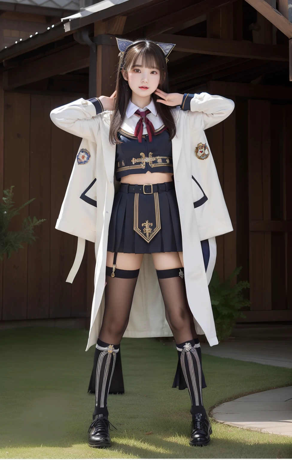 High school girl in priestess uniform、large full breasts、beautiful foot、Platinum Semi-Long、Good Style、Pure white jacket with glitter（Hooded）、a miniskirt、knee sox、Prayer-like pose