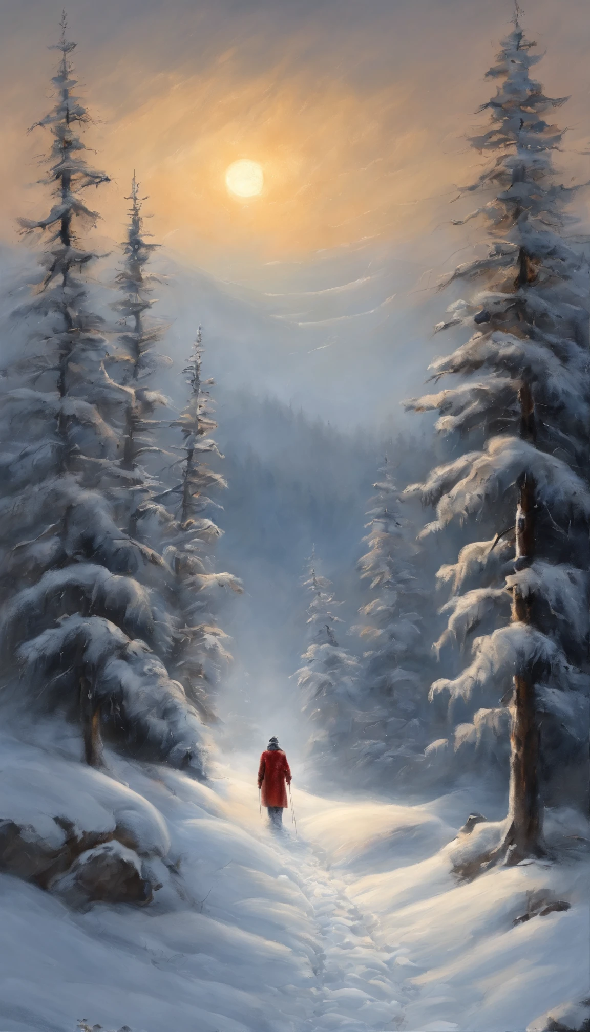 snow landscape,Back Shadow,(The distant girl turned her back to the audience:1.1),Wear a red cotton coat,Heavy snowfall,The road to a distant place,Trees withering in winter,blanketed in a mantle of snow,Winter tones,somber mood,The vista is a mountain peak,(The endless expanse of sky is drifting with snow),8k wallpaper,cinema4d,Cinematic lighting effects,Tyndall,rendering by octane,White balance,Unreal 5,Extremely detailed picture,light particules,depth of fields,tmasterpiece,realisticlying