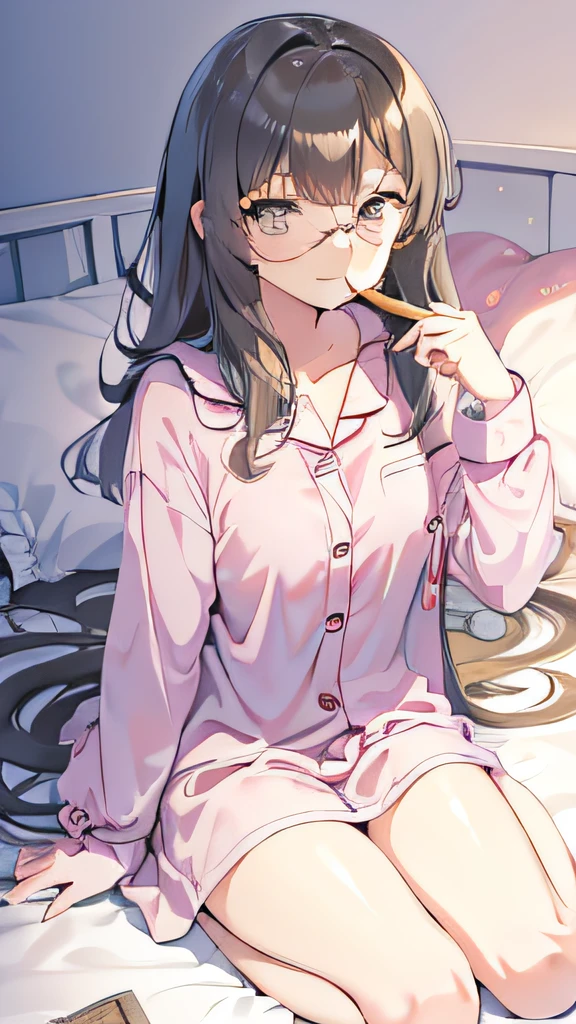 ((masutepiece)), ((Best Quality)), (Ultra-detailed), Anime style, on the bed, Cute little girl s, 1girl in, Solo, Pajamas 00, ((Beautiful eyes)),  Smile