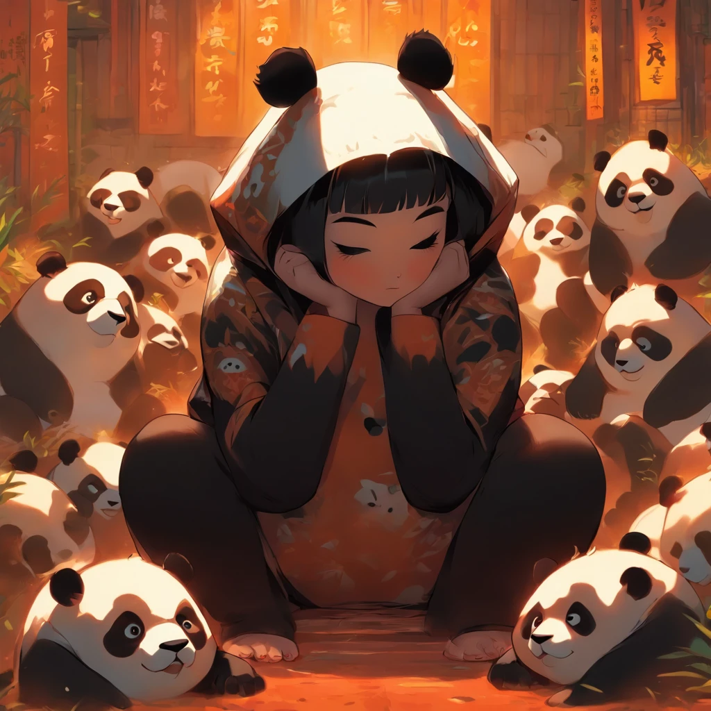 comics. Girl with short black hair dozing in a large panda costume, squatting with legs open, large breasts open.
