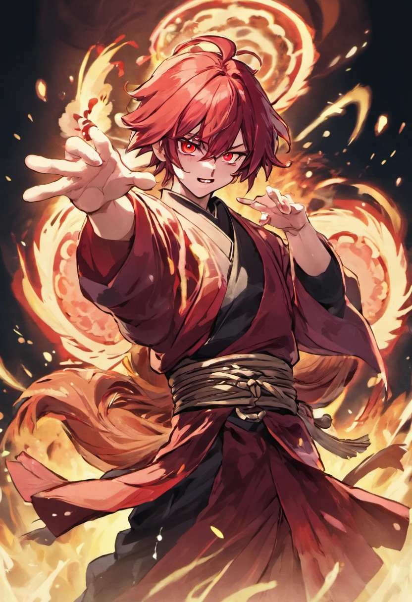 a cool,Cold,20代の男性,With manly red hair,Feathers on the back,Smooth long hair,Japanese dress,monk,Decorative Japanese clothing,haori,red eyes,smil,I have a tin cane,battleing,furred,nails are long,top-quality、(illustratio)、Background of Japan Shrine