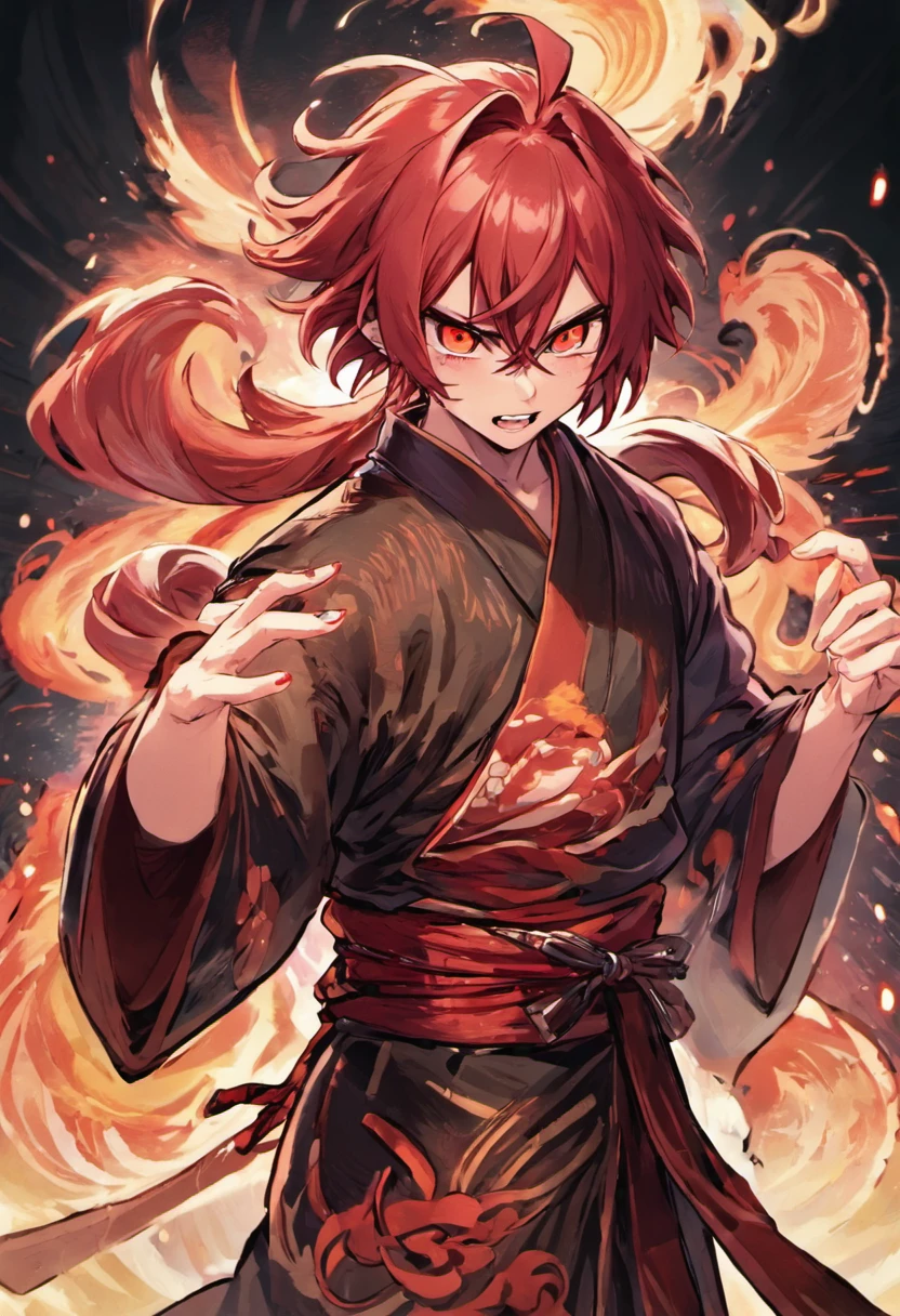 a cool,Cold,20代の男性,With manly red hair,Feathers on the back,Smooth long hair,Japanese dress,monk,Decorative Japanese clothing,haori,red eyes,smil,I have a tin cane,battleing,furred,nails are long,top-quality、(illustratio)、Background of Japan Shrine