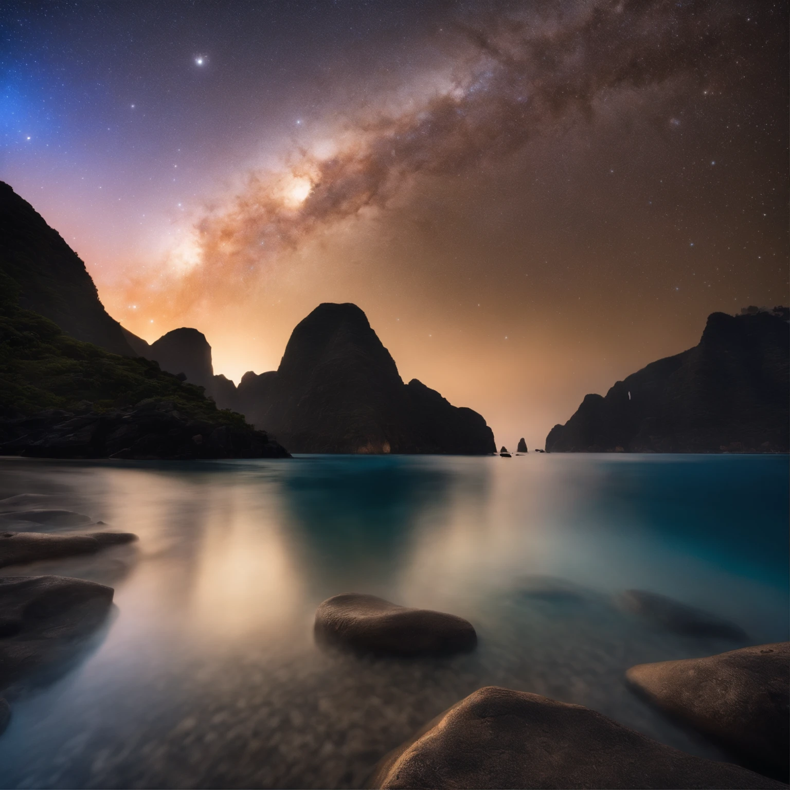 Master Parts、Superior Quality、superior image quality、The 8k quality、Beautiful pictures of the starry sky、magnifica、Arched Milky Way:1.9、Blue Sea、Beauty in a swimsuit:1.9