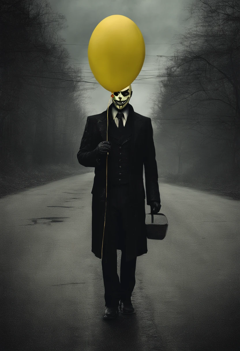 a creepy man standing on the otherside of the road in a yellow mask with a huge smile, holding a yellow balloon, scary, eerie