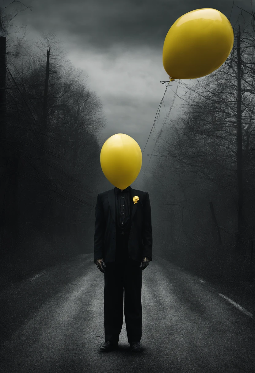 a creepy man standing on the otherside of the road in a yellow mask with a huge smile, holding a yellow balloon, scary, eerie