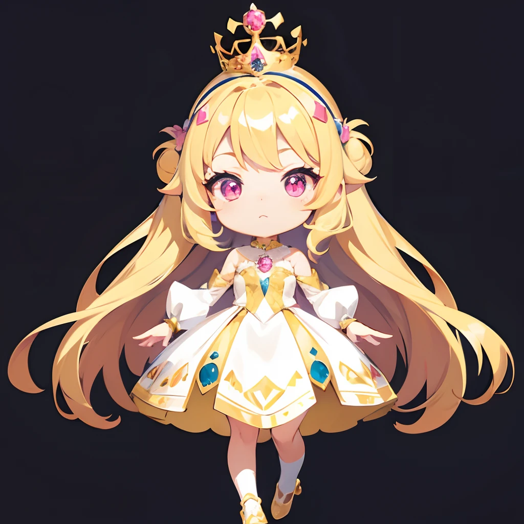 Princess, blonde hair, with a crown on her head, looking straight ahead, penguin pose, hair accessories, chibi anime-style character, detailed princess dress, big bright pink eyes, shiny and extremely detailed eyes, full body, simple background, body facing forward.