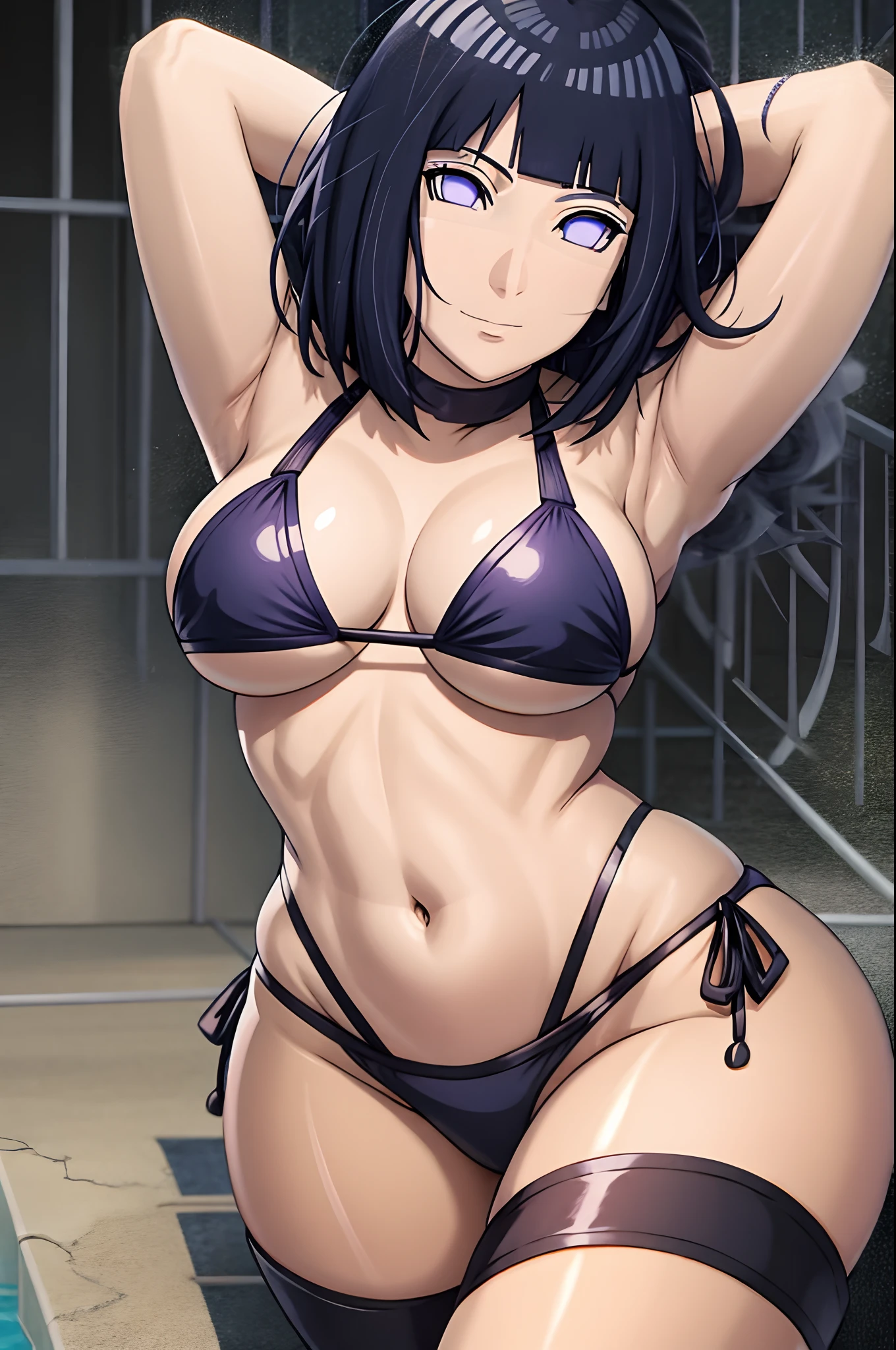 (4k, no angle view, portrait, best quality, cowboy shot), (ultra detailed body, curvy), ((solo, 1 girl)), anime style, hires, ((white background)), (hinata\(boruto\), (female wrestler), (slender body, broad shoulders), (mature woman, milf), (black bikini, micro bikini, ultra detailed pro wrestling gear, long gloves, long boots), (extremely gorgeous), (tilt head, seductive look, ((seductive pose, armpit, stretching)), seductive face, seductive expression, (sexy expression), smile, closed mouth), (pale skin, shiny skin, lighting and shadow), (dark blue hair color:1.1), wavy hair, ((short hair, hime cut), big breasts, ((detailed arm curves)), (long belly), (very seductive), (perfect eyes, white sciera, bright eyes, white eyes, anime eyes)