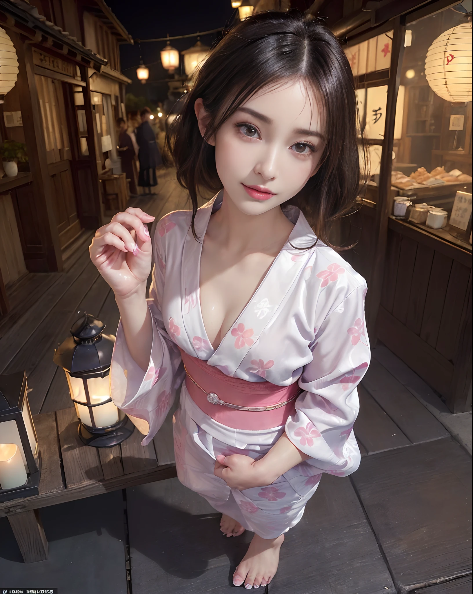 NSFW:2.0, (masutepiece, A hyper-realistic:1.5, 8K, Hyper Detailed, hight resolution, Best Quality, Highly detailed CG Unity 8K wallpaper), one japanese woman, (Very small hands:1.8, very thin fingers:1.8, very small legs:1.8, Very thin toes:1.8), 
(facing straight at viewer, Front view, Low position, Face shot), 
(Hairy pubic hair:2.0,  Ultra detailed pubic hair), 
Midnight:2.0, darkness:2.0, The soft light of many street lamps,
(Large breasts:1.8, Perfect breasts:1.5, Round udder:1.8, Perfect :1.8, Beautiful large :1.5, Symmetrical :1.5, Perfect areola:1.5, beautiful large areola:1.5, Symmetrical areola:1.5, Pale pink :1.5),
(Wearing a brightly colored yukata with an elegant pattern:1.5, wide chest opening:2), 

(Perfect face, Round face, hyperdetailed face, Perfect eyes, The perfect tear bag, Symmetrical eyes, Perfect nose, small nose:0.3, thin nose:0.3, Perfect eyelashes, Ultra-detailed eyelashes, Perfect lips:1.8, hyper detailed lips:1.5), 
(perfect hair:1.8, Very beautiful hairstyle:1.8, ultra-detailed hair:1.8),
(Shining eyes:1.5, radiant lips:1.5, Shiny hair:1.5),
(Fair skin, Realistic skin:1.5, super-detaild skin:1.5), 

Midnight Edo、
On both sides of the river、Buildings with various shops are lined up. The building is made of dark wood.、It features shoji windows and a dark thatched roof.. Outside there are signs and lanterns showing names and specialties.
In the shops along the river、Various goods were sold, Food included, Clothing, pottery, Books, And souvenirs. The shopkeeper greets you with a smile and bow.