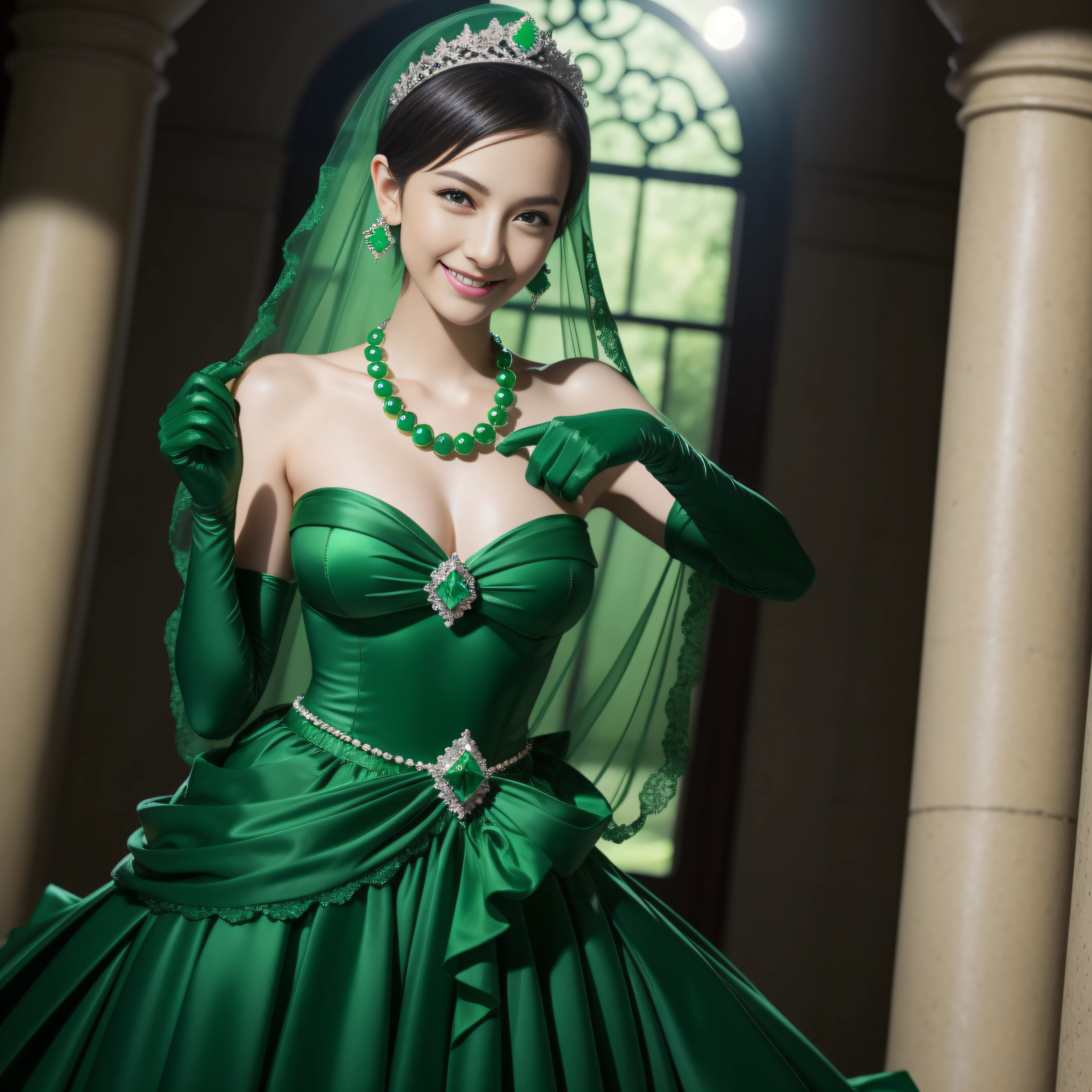 emerald tiara, Green Pearl Necklace, Boyish very short black hair, lipsticks, Japan woman smiling, very short short hair, big breasts beautiful, Green eyes, Long green gloves made of satin material, Green eyes, Emerald Earrings