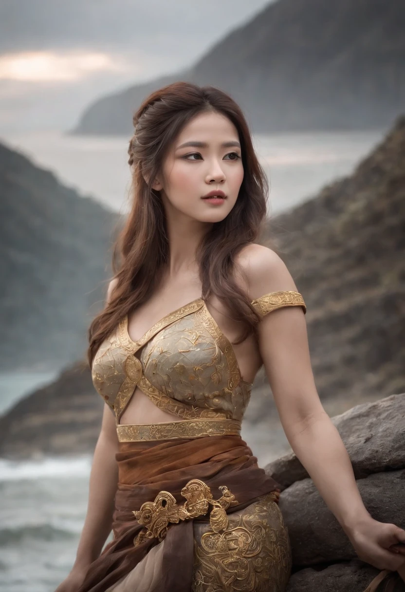 A beautiful Japanese woman, female gladiator, courageous face, strong body, big round breast, perfect thighs, wearing bikini armors consisting typically of chainmail, gloves, standing and starring, coliseum background, ancient gladiator contest theme, dusty environment, good lighting, hyper realistic photo, fantasy photo, medium closed up view