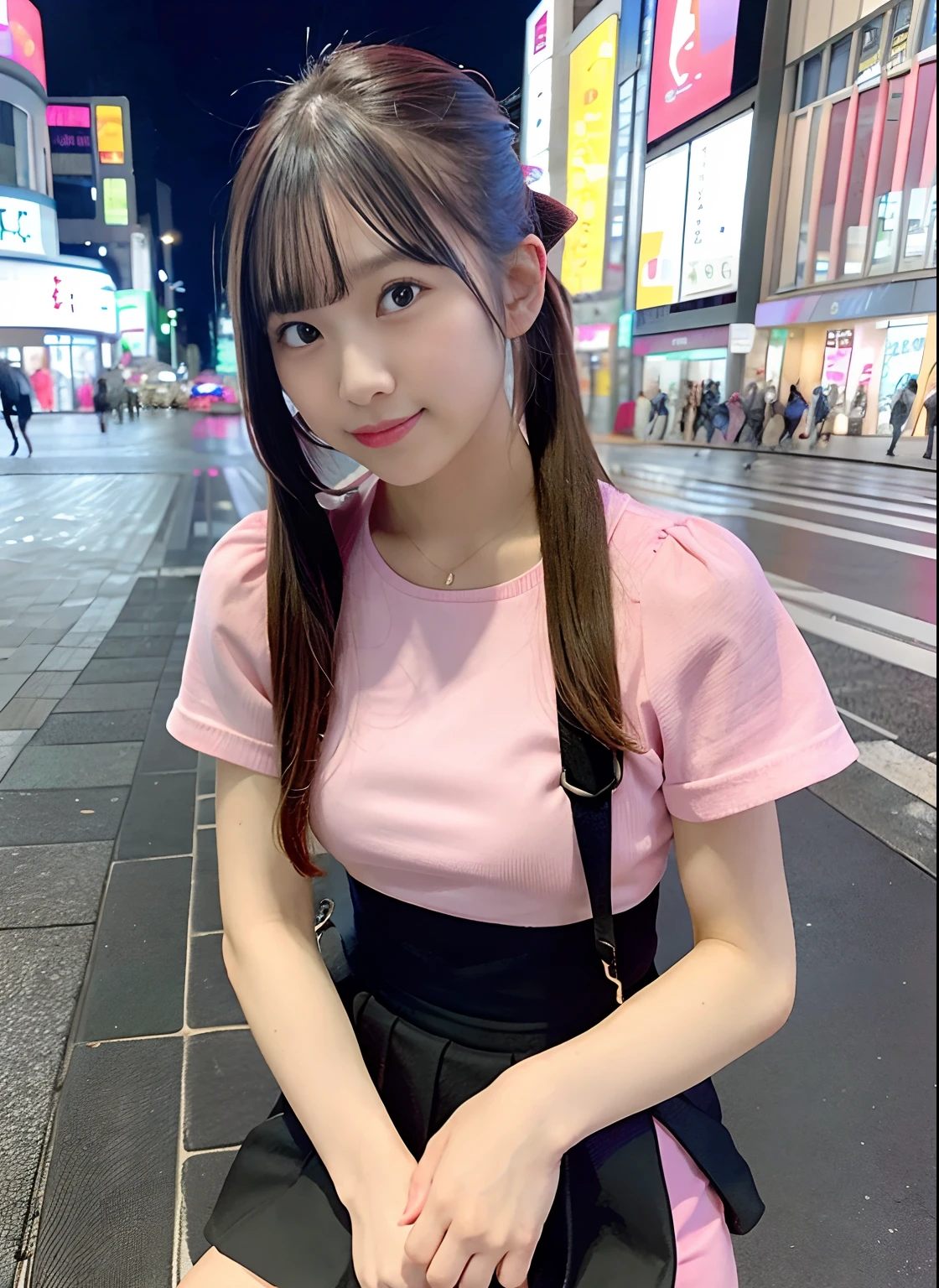 poneyTail,PINK SHIRT,tight skirts,Shoulder bag,In front of Shibuya Station at night,rain is falling,Holding a vinyl umbrella,Crouch down
