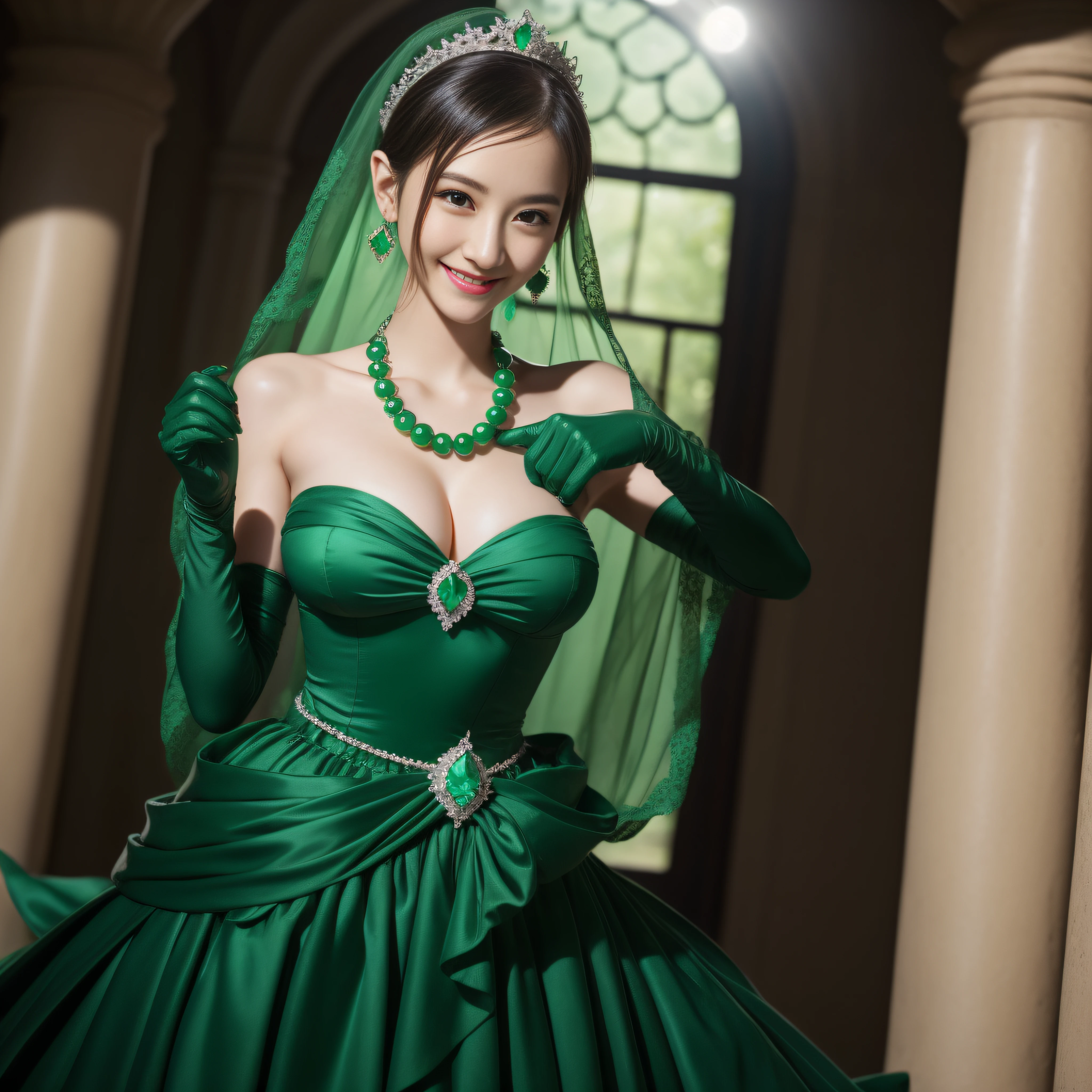 emerald tiara, Green Pearl Necklace, Boyish very short black hair, lipsticks, Japan woman smiling, very short short hair, big breasts beautiful, Green eyes, Long green gloves made of satin material, Green eyes, Emerald Earrings