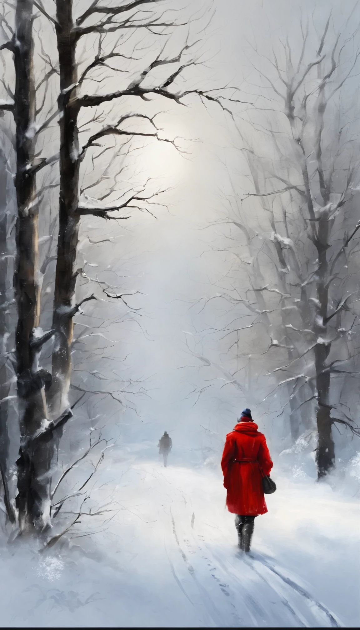 snow landscape，Back shadow，（The girl who left turned her back to the audience:1.1），中景 the scene is，独奏，（cabelos preto e longos），（without a hat），Wear a red cotton coat，Black boots，Go into the distance，Heavy snowfall，Roads to distant places，Trees wither in winter，blanketed in a mantle of snow，Winter tones，somber mood，The vista is a mountain，（Snowflakes drift in the endless sky），8k wallpaper，cinema4d，Cinematic lighting effects，light and shadow effect，Tyndall，rendering by octane，White balance，Unreal 5，Extremely detailed picture，light particules，depth of fields，tmasterpiece，realisticlying