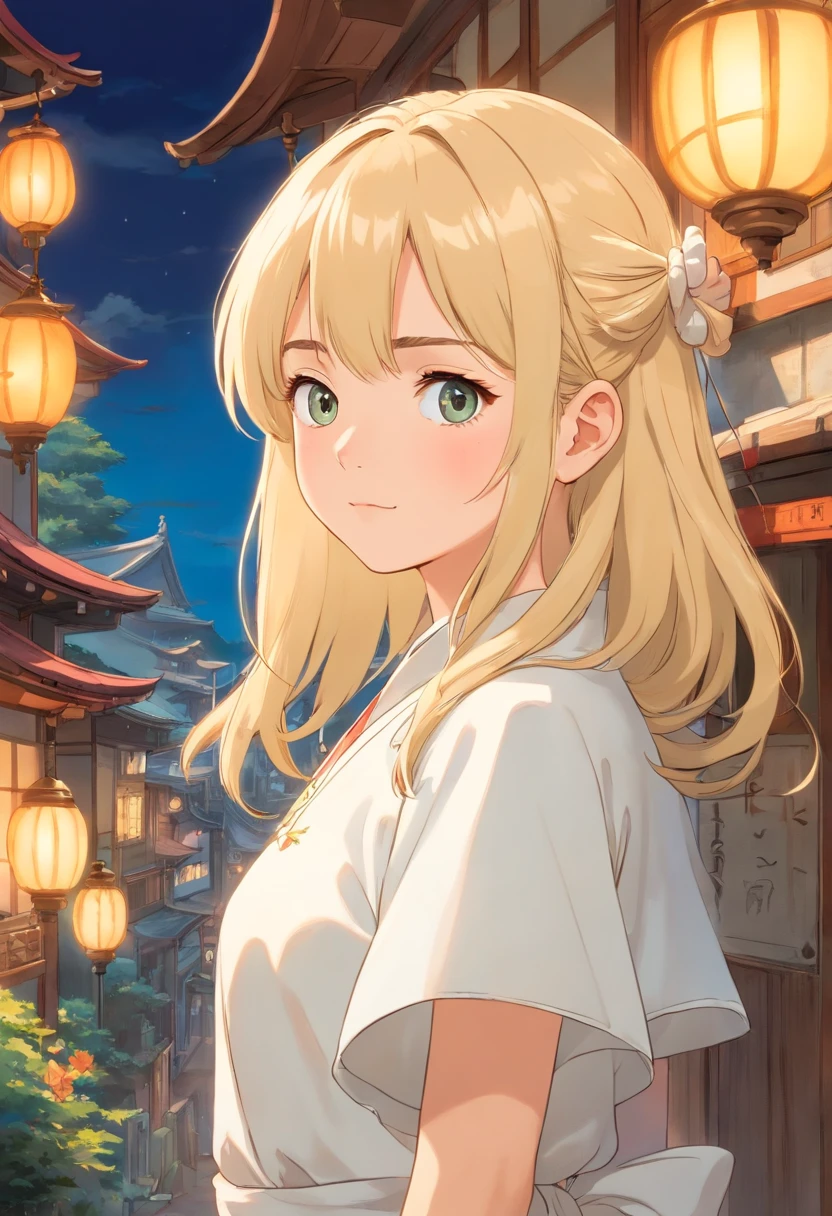 A  girl，Wear white silk，blond hairbl