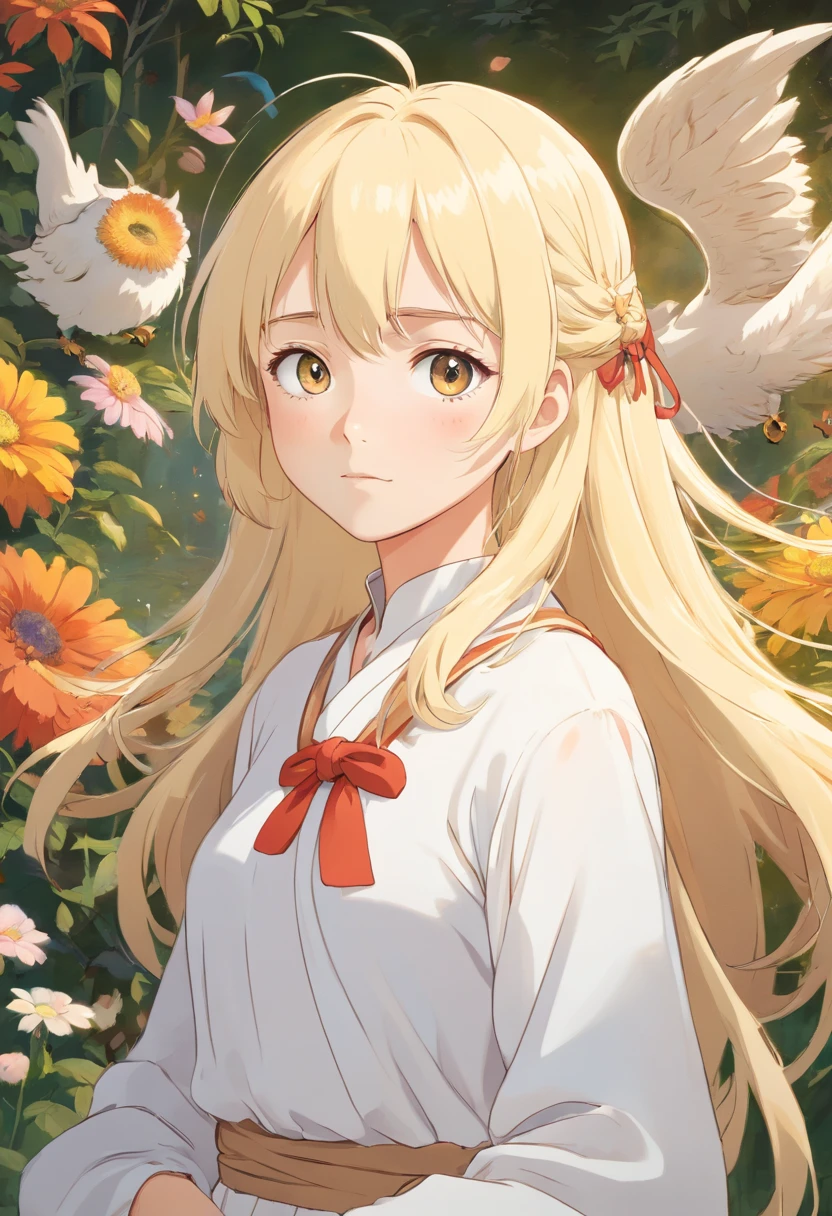 A teenage girl，Wear white silk，blond hairbl