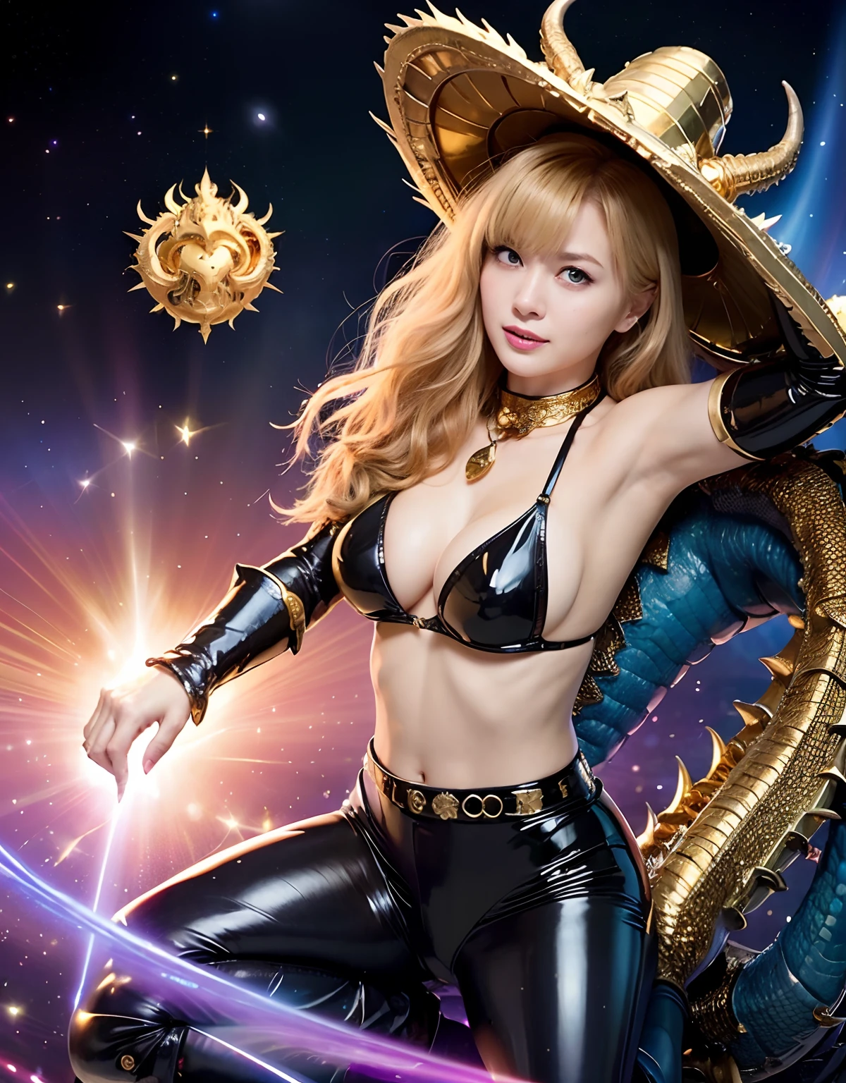 ((World of Darkness)),Professional , masterpiece、top-quality、photos realistic , depth of fields 、(((Fight dragons))),(Dragon Black Metal Body:1.9),(Latex Blue、(cleavage of the breast),(Fight dragons)、Full Body Angle、(((Particles of light))),(Micro Bikini Armor:1.7),Gorgeous gold weapons ,(Fight dragons)、Seductive look、The face of the dragon is out、(blood splattere、Armpit、((((With a magic wand))), ) , (((Wearing a black latex wizard hat))),(demonic wings) ,((a blond))、(Castle background)、((Gangle's forest background))、Beautiful Caucasian beauty、1a person、Armpit、dynamic ungle,(((Detailed Gold Dragon Wizard Hat)))、Smaller head、A smile、Castle background、Thin and beautiful female hands、cleavage of the breast、Soldier in iron armor on background、Mystical expression、Light Effects、intense fighting、Wind-effect、magic circles、With the legendary magic wand、Dragon's tail、explosions、Toostock、Toostock、(Beautuful Women),