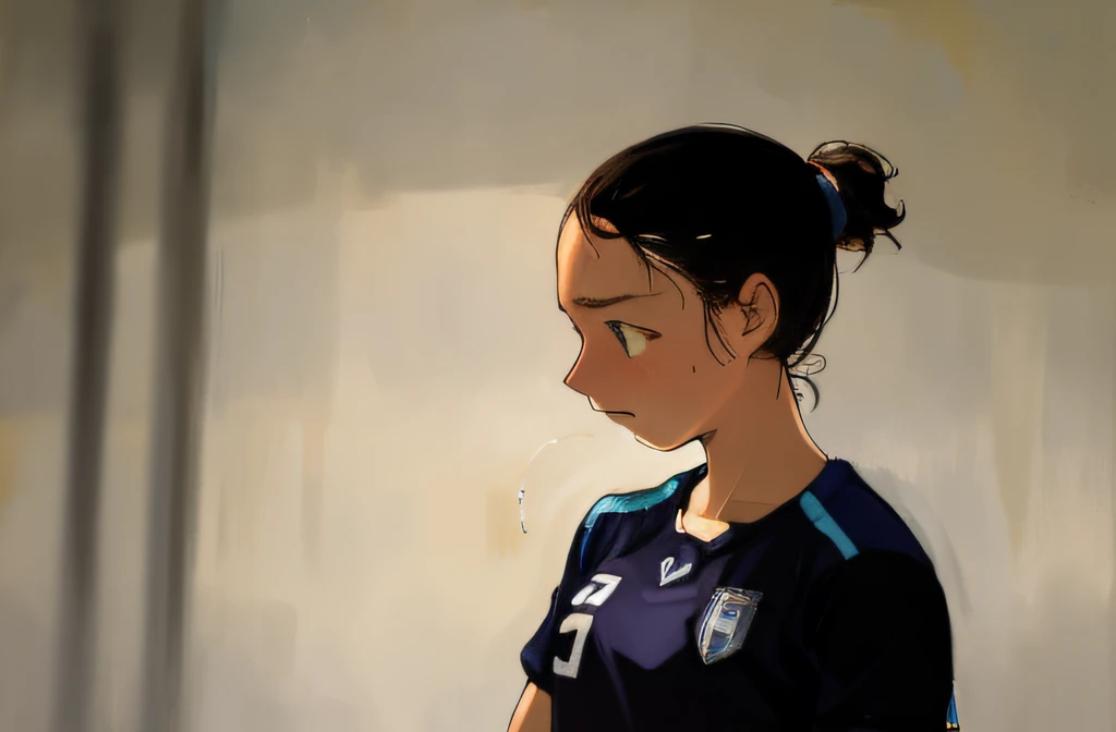 there is a woman soccer player that is looking down very sad