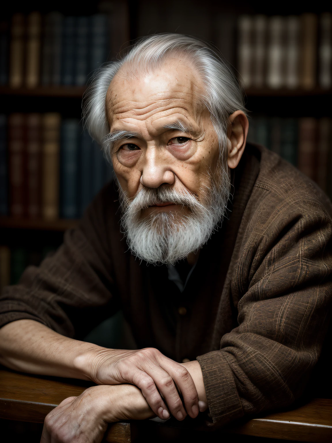 Hyper-Resolution, Ultra photo realsisim, hdr, cinema shot, Vignette, Portrait of an 80-year-old man，Look at the viewer，An elderly Chinese man,Spiritual elderly,Single image，Thin and thin, Old blue eyes, Short white hair, Bookshelf background，White Viking beard, Narrow face，dark-skin, Wide shoulders, Weathered by sunlight and water, Gold pattern royal twin peaks, The Royal Chambers camera is focused on the eye, High focal length, Digital SLR, 200mm lens, photography of：Cristina Otero, Dark Studio, rim lit, twotonelighting, Dimly lit, low tune, Backlight,