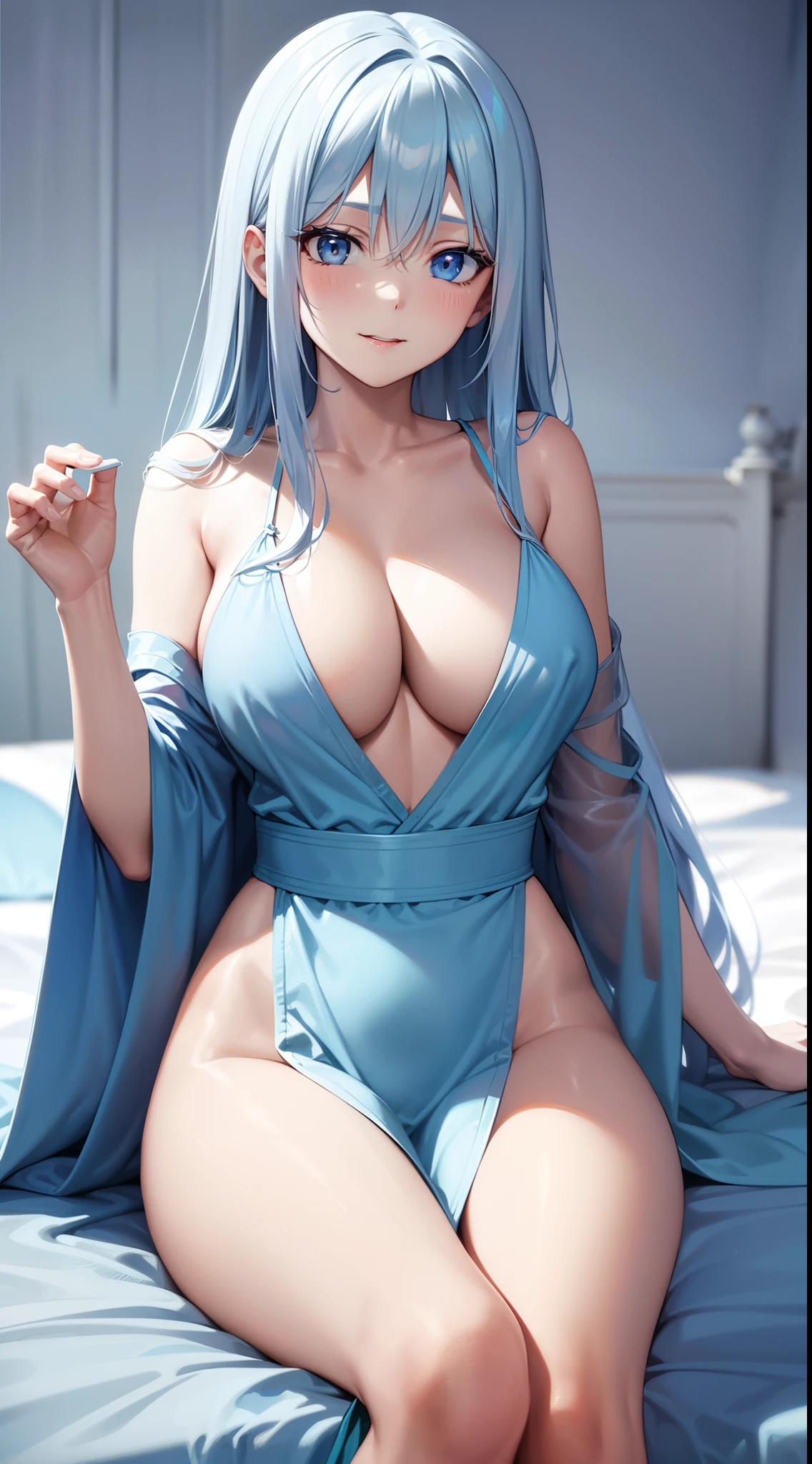Adult woman, Long light blue hair, blue eyes, Scars, Blue tight robe, Platinum Items, liying on bed, Smile, open breasts, nipples, Masterpiece, hiquality, high detail, HD, 4k