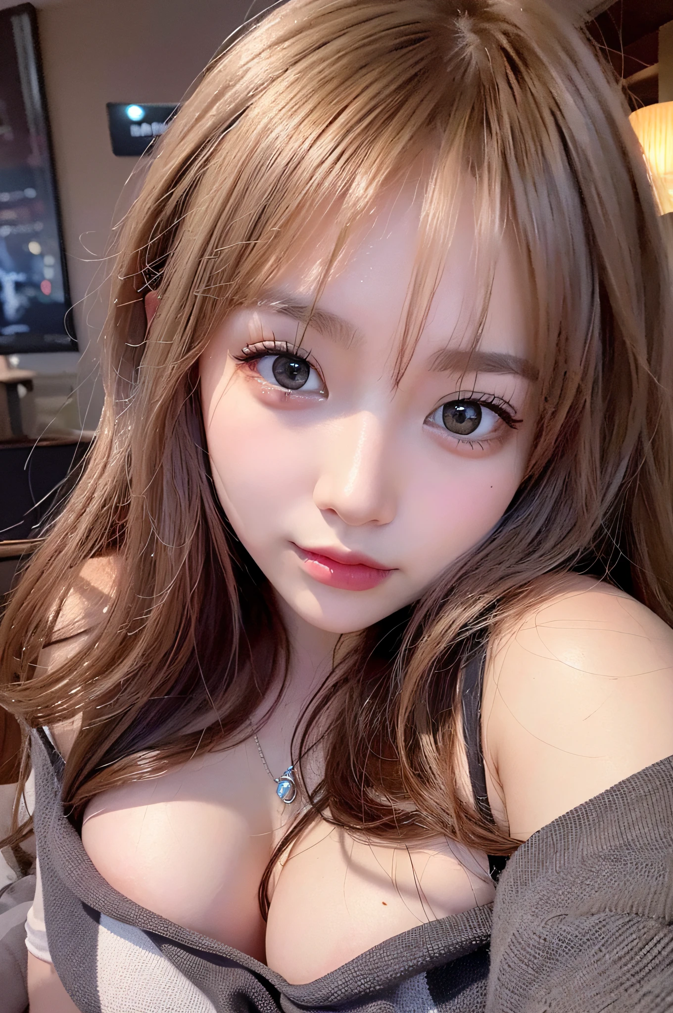 NSFW image、(surrealistic), (illustratio), (hight resolution), (8k picture), (ighly detailed), (The best illustrations), (beatiful detailed eyes), (top-quality), (ultra-detailliert), (masterpiece), (wall-paper), (详细的脸), 独奏, 1girl in, Undress、Wavy brown hair、,Enraptured look、Drunk、Blushing cheeks、bangss、poneyTail、Colossal tits、Constriction of the lower back、skinny thigh、small ass、Beautiful bangs、Late night bar、a bar counter、Look at your audience、a necklace、耳Nipple Ring、Watching from above、Lying on the sofa in the tavern