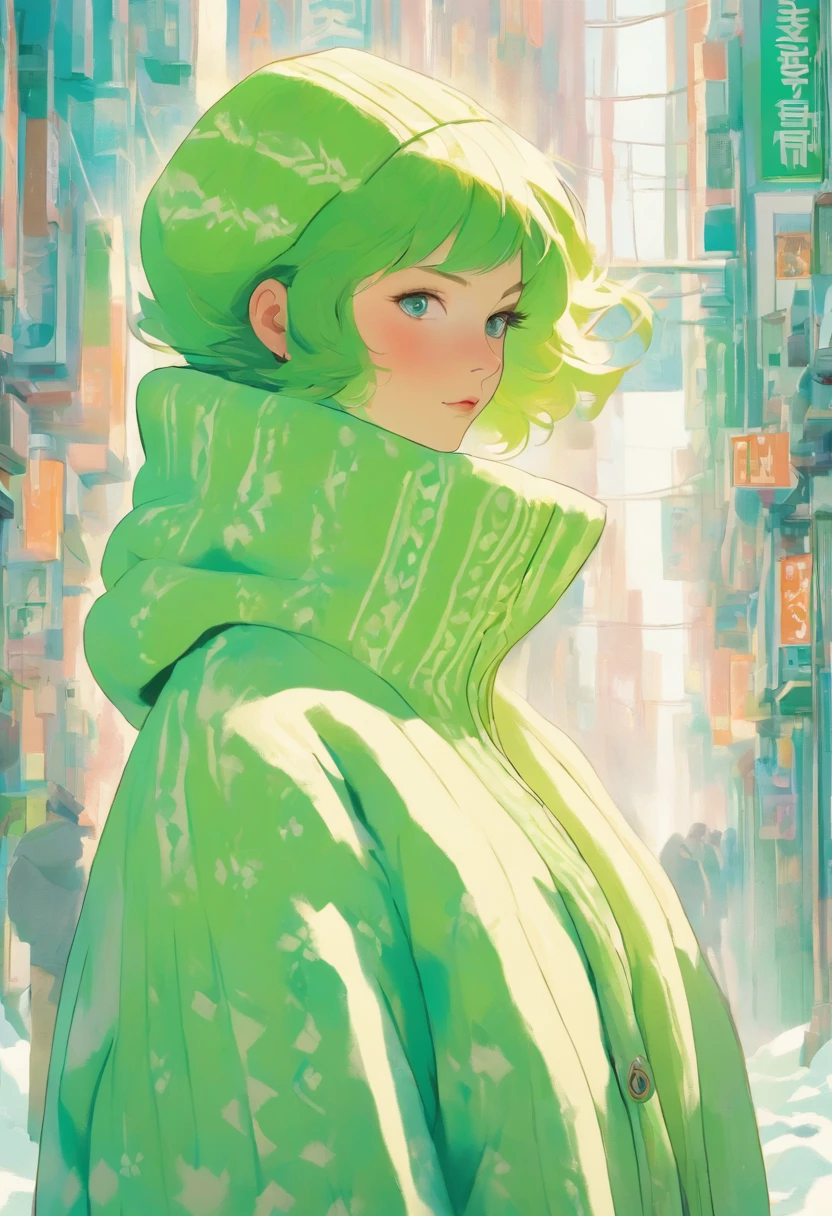 Woman wearing green fleece snowcoat and fair isle patterned sweater in Petrina Hicks style, light beige and aquamarine, inio asano, colab, volume, fair isle pattern, modern nordic, urban sporty, normcore, maximilian pirner , textured surfaces, ultra-high definition, high resolution