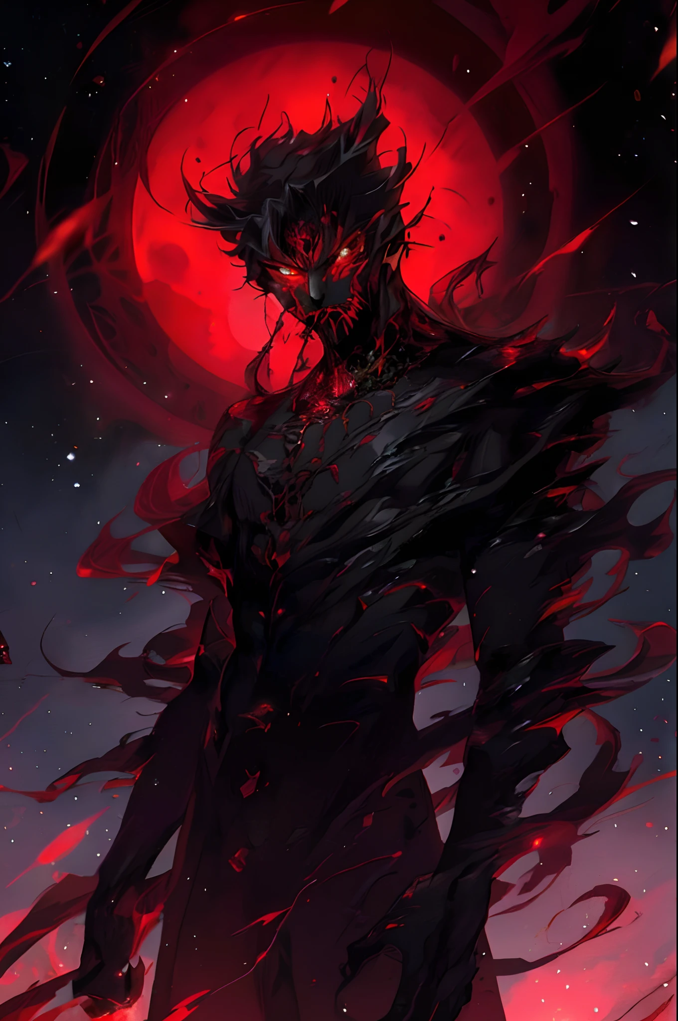 a man with a demon face and a red light on his face, badass anime 8 k, anime epic artwork, the former demon king, 8k high quality detailed art, with red glowing eyes, beautiful male god of death, ruler of the demons, with glowing red eyes, 4k anime wallpaper, detailed anime artwork, anime art wallpaper 8 k