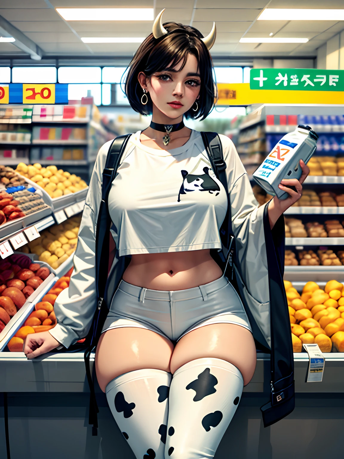 Hucow girl holding a big milk carton, masterpiece, candid photo, shy, short hair, big eyes, (detailed face), curvy, enormous breasts, two symmetrical horns, white (tight shirt), crop top, cute open (cow pattern) jacket, choker with bell, (in a colorful supermarket), mature female, thick thighs, earrings, high detail, ultra-detailed, retro, [big lips]