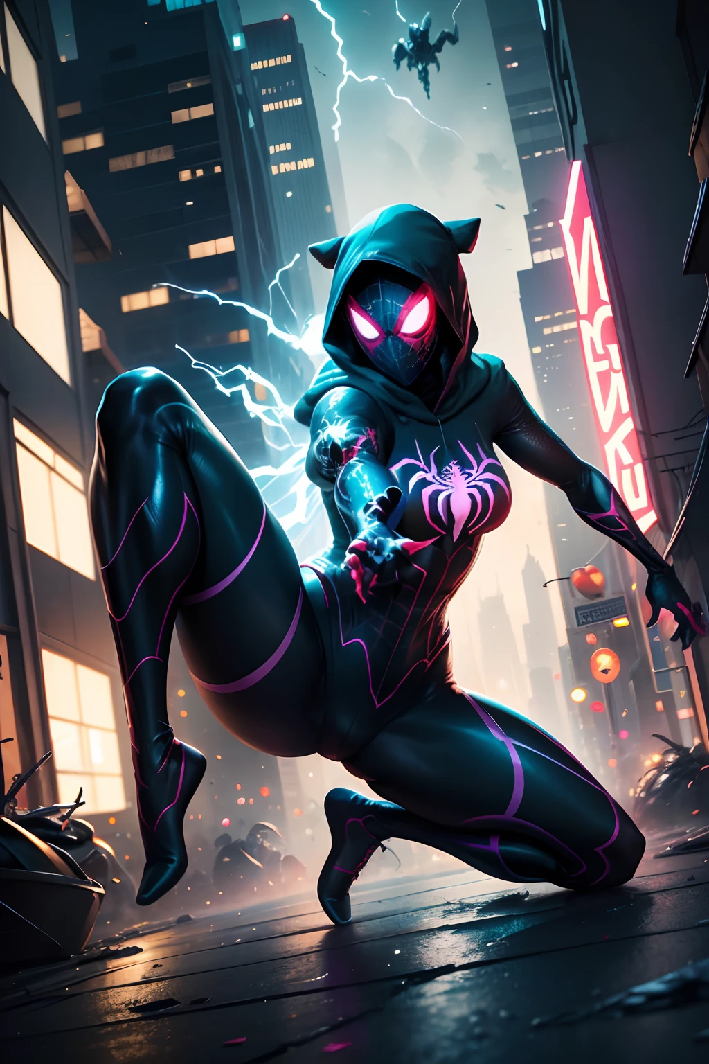 best quality,4k,highres,masterpiece:1.2,ultra-detailed,realistic,sharp focus,professional,physically-based rendering,vivid colors,bokeh,Marvel Comics,Spider-Gwen,spider webs,superhero,female protagonist,stylized,urban environment,action,graffiti,acrobatics,comic book style,colorful graffiti,athletic pose,dynamic composition,strong and confident expression,mask,hoodie,hooded cloak,face paint,glowing eyes,spider logo,spider-like movements,suspenseful lighting,nighttime scene,neon lights,impressive background,cityscape,Sinister Six in the background,web-slinging,jumping from buildings,defying gravity,energy effects,cool and fierce personality,adventure,graphic novel style,central perspective,visual storytelling,web patterns,fluid movements,emblematic poses,unique and eye-catching costume,spider bite origin,alternate universe,parallel dimension,awesome powers.