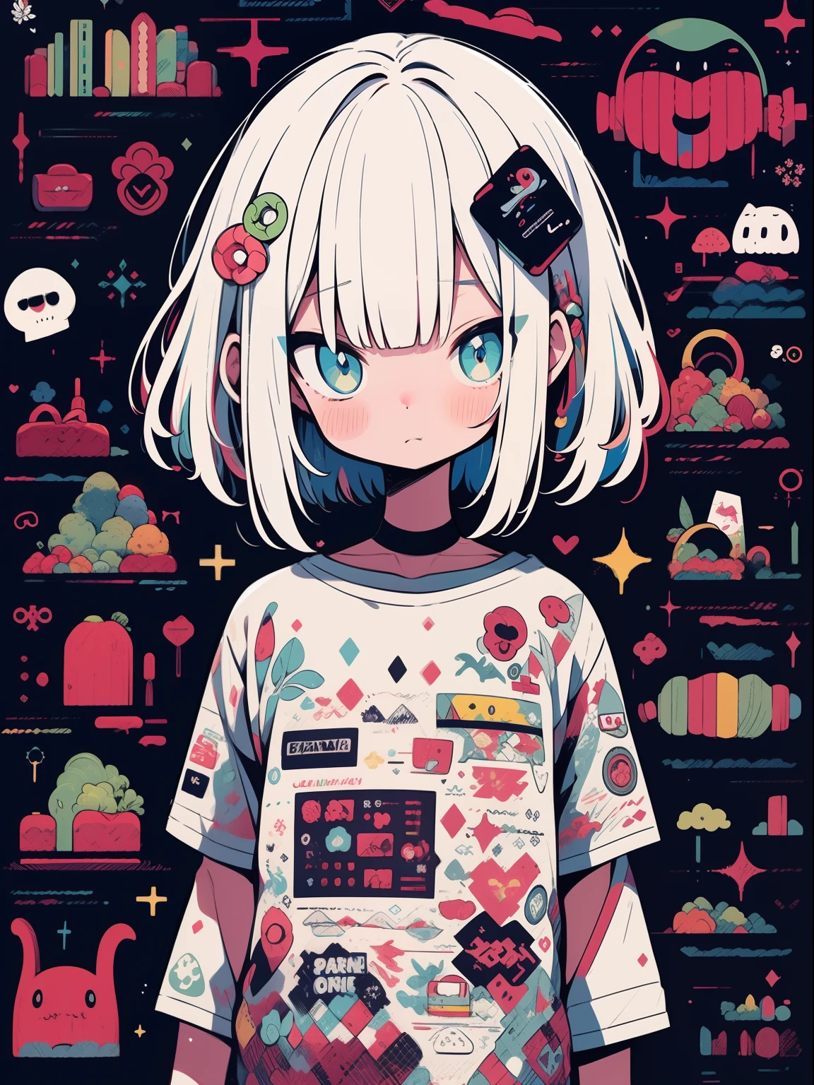 alta qualidade、Neon color palette、High-level image quality、kawaii 、Unprecedented number of draws、estilo anime、Geometric pattern background、estilo de adesivo、short hair、Cabelos escuros、olhos castanhos, messy hair, Menhera, Ataduras, roupas largas, camiseta baggy, self-harm, Guro, Escuro, deprimido, bolsas oculares, olhos pesados, Olhos escuros, sangue, assustador, EroGuro, Olheiras, neon light, eye strain, Falha, retro, assustador, Demon, globo ocular, ghost, horror, ensanguentado, sangue colorido, Falha