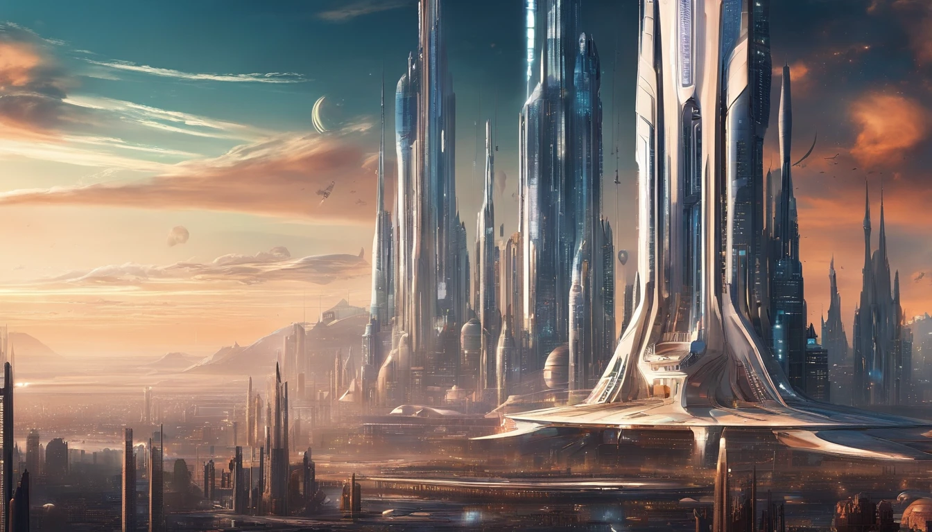 The metropolis of the future, many kilometers of spires rushing upwards;.