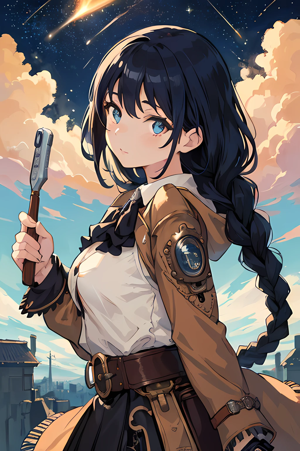 masterpiece, best quality, official art, illustration, (ligne claire:1.3), perfect composition, absurdres, fantasy, focused, (in the air), (above the cloud:1.3), (finely detailed steampunk city:1.3), epic, (focus_girl:1.2), rule of thirds, cute anime girl, fine-tuning face, (finely detailed eyes:1.2),_jacket, shirt, black beltskirt, blue hair, braids, very long hair, loose hair, semi-rimless, overhead viewer, wind blow at viewer, side face, fantastic plant, tools, lightred Meteor, half the sky is Milky Way, motion, (depth_of_field)